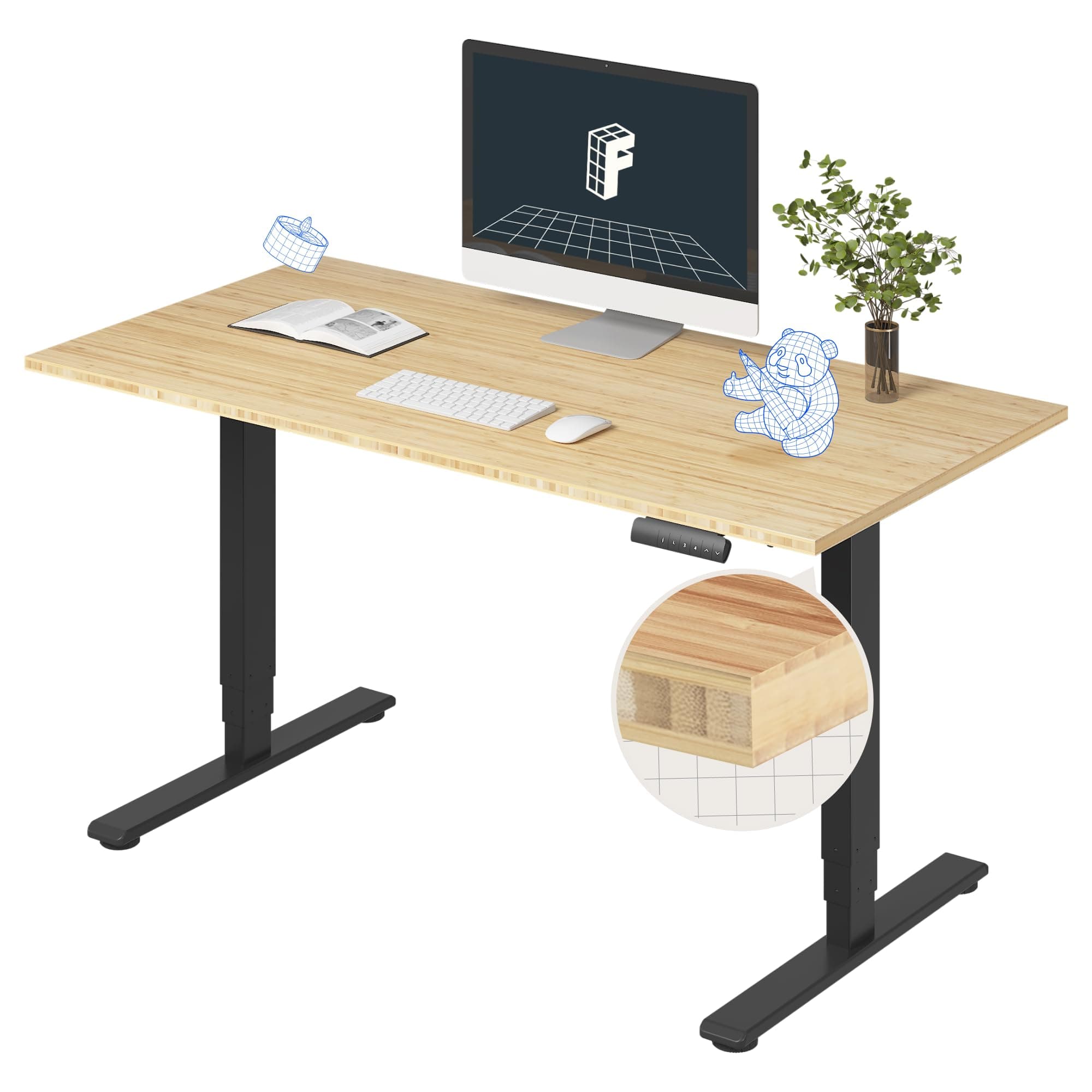 FlexiSpot E6 Bamboo 3-Stage Dual Motor Electric Standing Desk 55 x 28 Sit Stand Up Desk, Holds 220 lbs, Adjustable Height w/ Memory Presets, Solid Bamboo Desktop & Black Frame, Ships in 2 Boxes