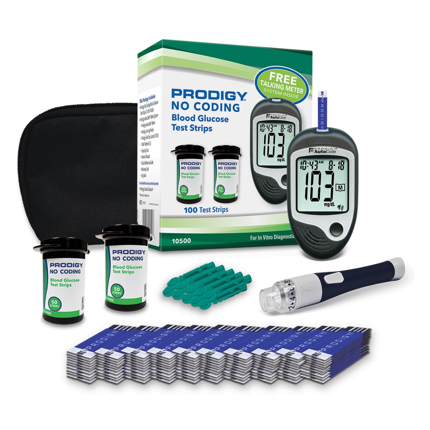 PRODIGY 10500 100ct Test Strips with AutoCode Talking Meter Starter Kit, PRODIGY AutoCode Blood Glucose Talking Meter, No Coding Blood Glucose Test Strips (2 vials of 50ct), Adjustable Depth Lancing Device, Twist Top Lancets 28G (10ct), Carrying Case, Quick Reference Guide, Owner's Manual