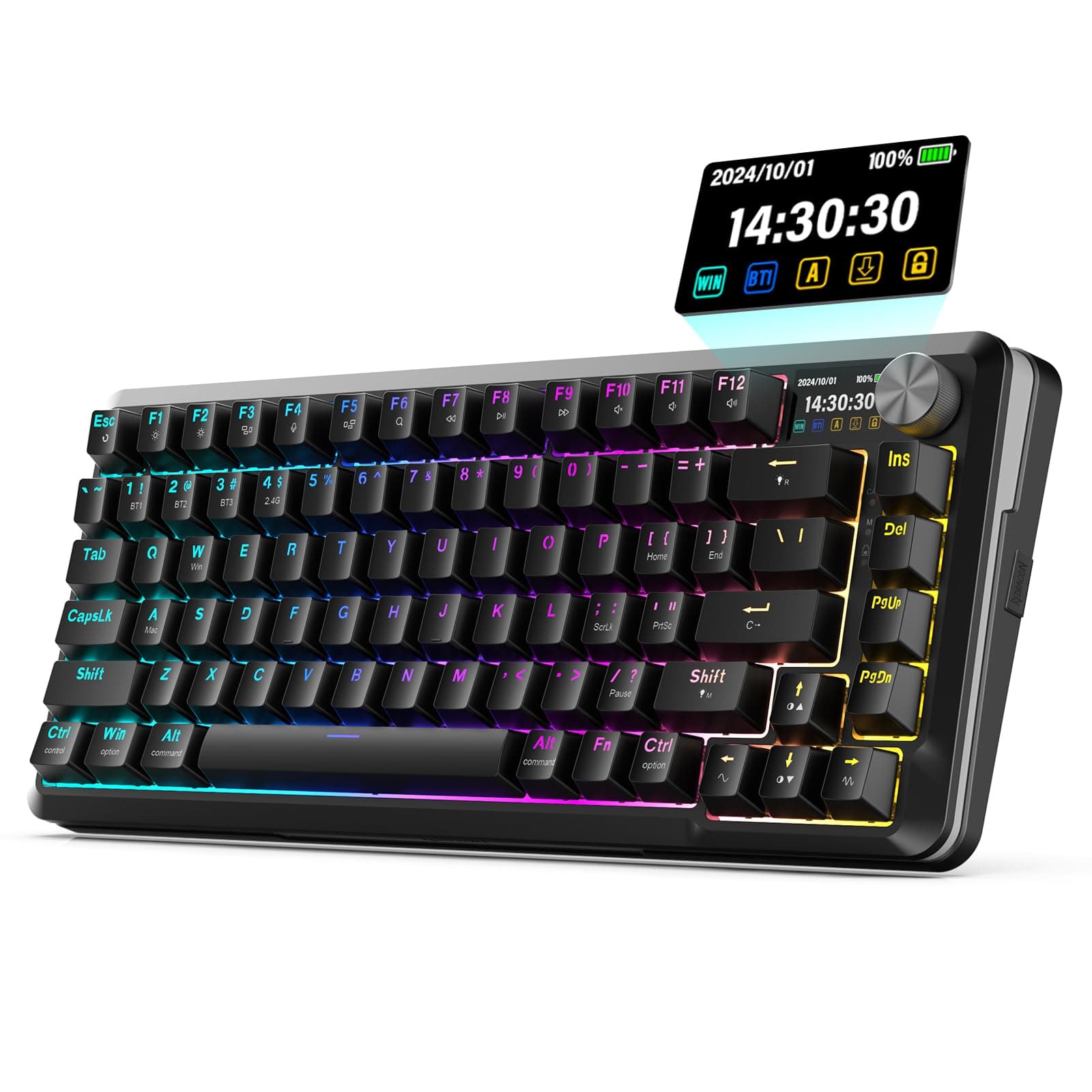 Redragon K708 Wireless Mechanical Keyboard with Screen, Volume Knob & Pre-Lubed Switches - Tri-Mode (Bluetooth/2.4G/USB-C) RGB Gasket Gaming Keyboard, Hot Swappable, 4000mAh Battery for PC, Mac, etc.