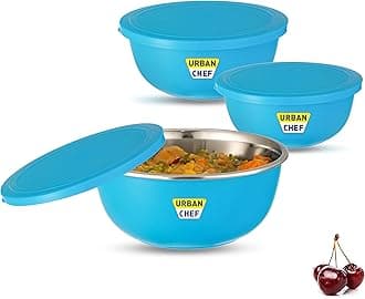 URBAN CHEF Mixing Bowl Set of 3 Stainless Steel (500ml, 800ml,1250ml) | Microwave Safe & Dishwasher Safe | Bowl Set with Lid | Bowl Set for Gift | Bowls for Snacks | Serving Bowls Kitchen Accessories