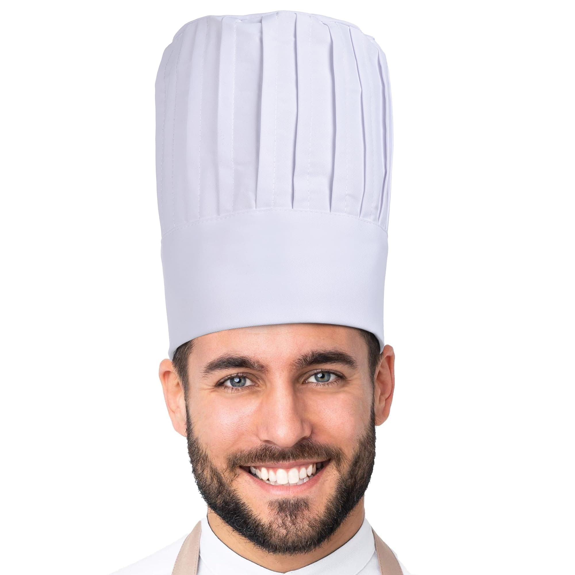 Chef Hat, Adult Adjustable Elastic Baker Kitchen Cooking Chef Cap White, Poly-Cotton Kitchen Cooking Cap for Men Women, 11IN Tall