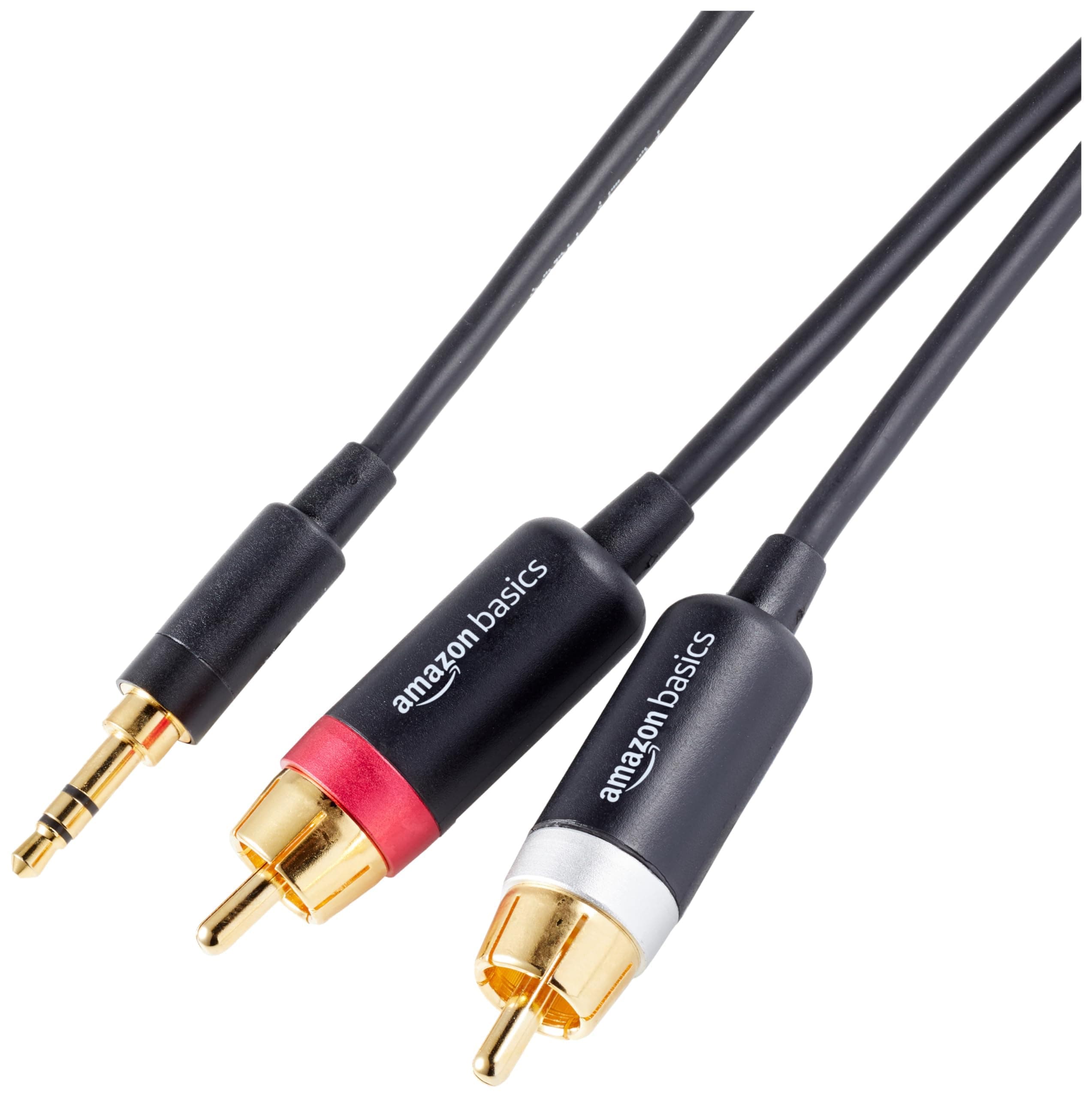 Amazon Basics 3.5mm Aux to 2 RCA Audio Cable for Amplifiers, Active Speakers, Smartphones, Tablet with Gold-Plated Plugs, Stereo Audio, 15 Feet/4.6 m, Black