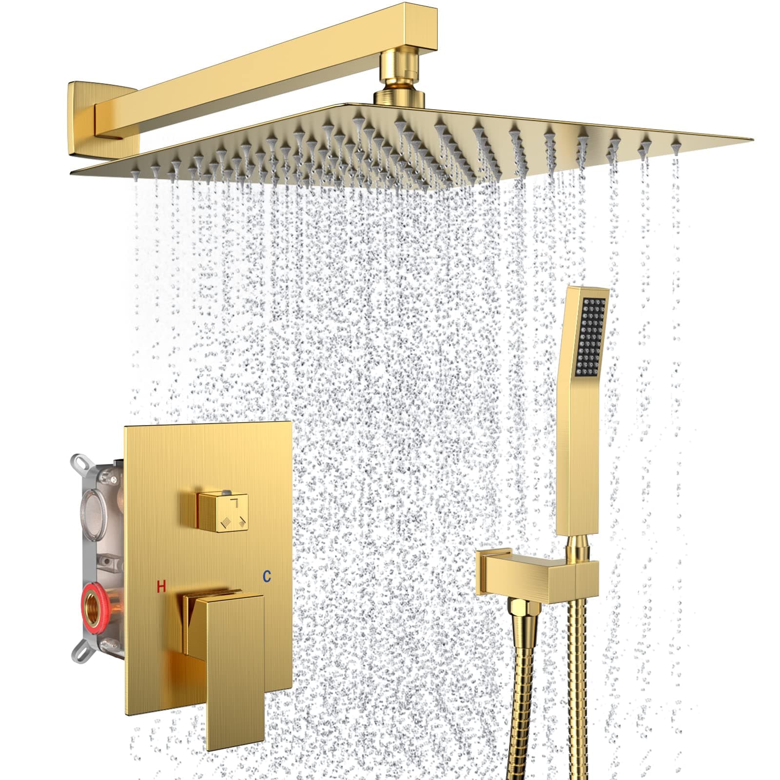 Rain Shower System 10 Inches Shower Head with Handheld Combo Set for Bathroom,High Pressure Rainfall Shower Faucet Set Wall Mounted,Rough-in Valve and Trim Kit(Brushed Gold)