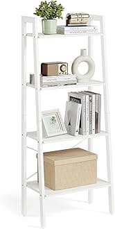 – Ladder Shelf, 4-Tier Bookshelf, Bookcase, for Living Room, Bedroom, Kitchen, Home Office, Industrial Style, Steel Frame, Maple White and Pearl White LLS044W44