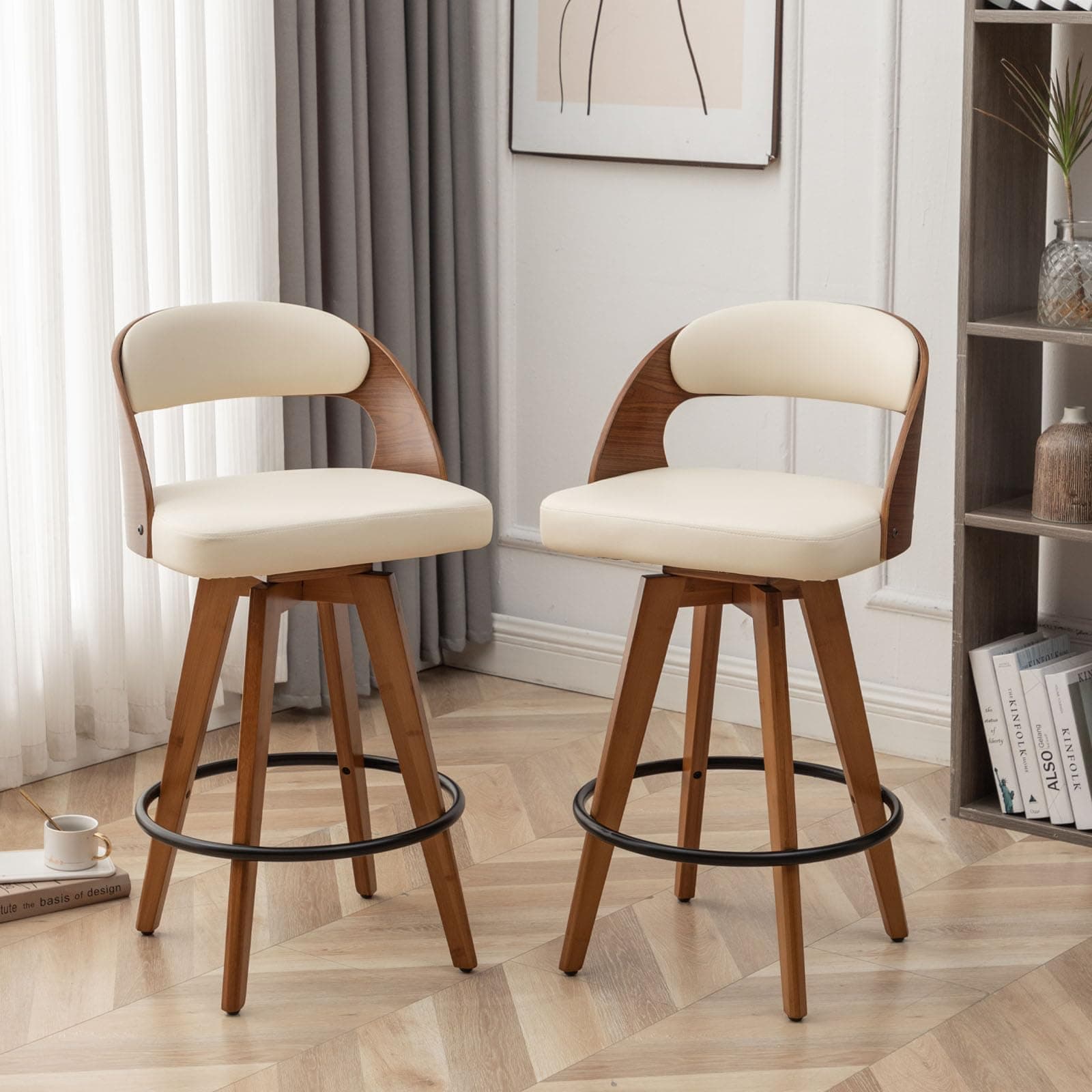 Barstools Set of 2,Bar Height Bar Stools for Kitchen Island,30.3 Inch Modern Upholstered Bar Chair, Swivel Bar Stools with Back and Wood Legs (Beige-pu)