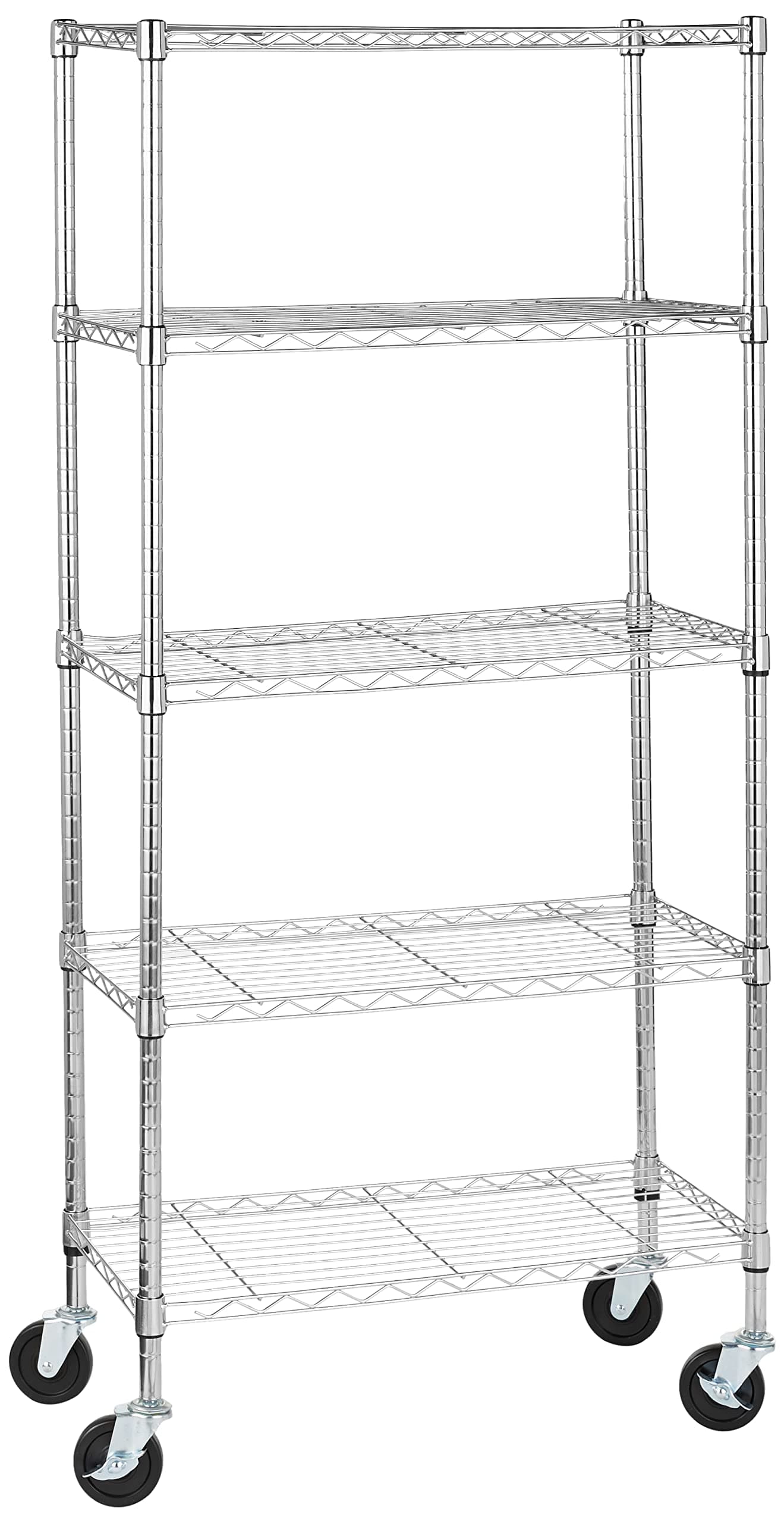 Amazon Basics 5-Shelf Medium Storage Unit on 4-inch Casters With Height Adjustable Shelves & Levelling Feet, 680 kg Max Weight, Chrome, 35.6 cm D x 76.2 cm W x 164.5 cm H