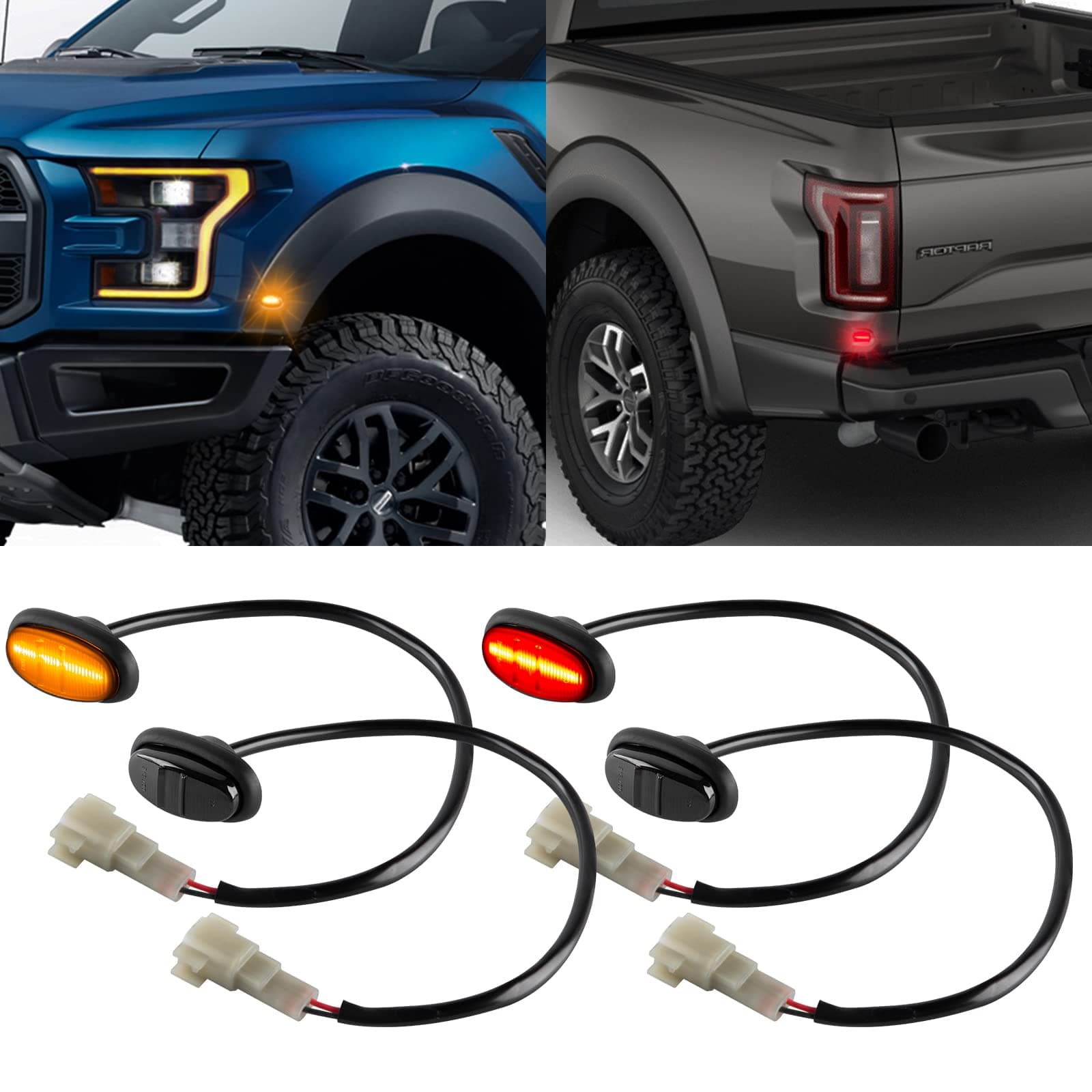 Led Fender Side Marker Lights Assembly, 2 Pcs Amber Front Fender Flare Lights & 2 Pcs Red Rear Full Dually Trunk Bed Fender Lamps Kit for Ford F150 Raptor 2016-2020 Trucks/Pickup