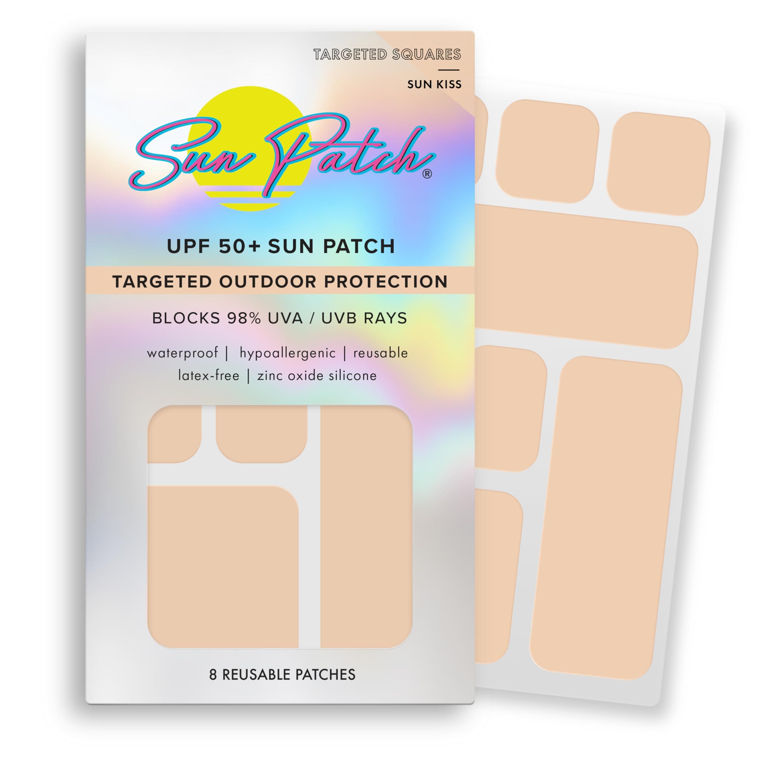Sun Patch Hypoallergenic Sun-Screen Square Shaped Patches, 100% Silicone UPF-50 UV Protection, Reusable, 1 Pack/8 Squares, Sunkiss (Nude)