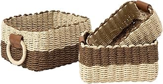 LA JOLIE MUSE Small Wicker Baskets for Organizing, Recycled Paper Rope Storage Basket Container Bins for Shelves Bathroom Cupboards Drawer, Decorative Square Basket Organizer Set of 3, Beige and Brown