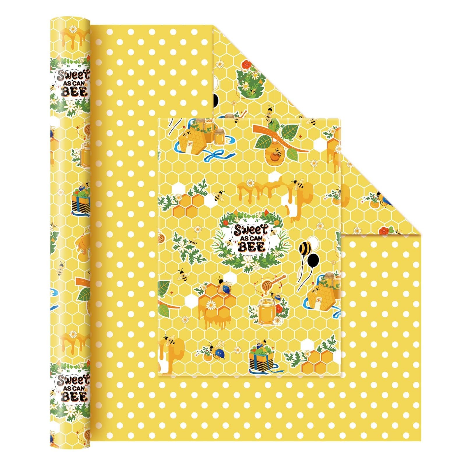 Bee Wrapping Paper Jumbo Roll - 1 Roll 17”x 33 ft Honey Bee Gift Wrapping Paper Honeycomb Packing Paper for Kids Birthday Party Decoration Favor Supply, Polka Dot Reversible Yellow