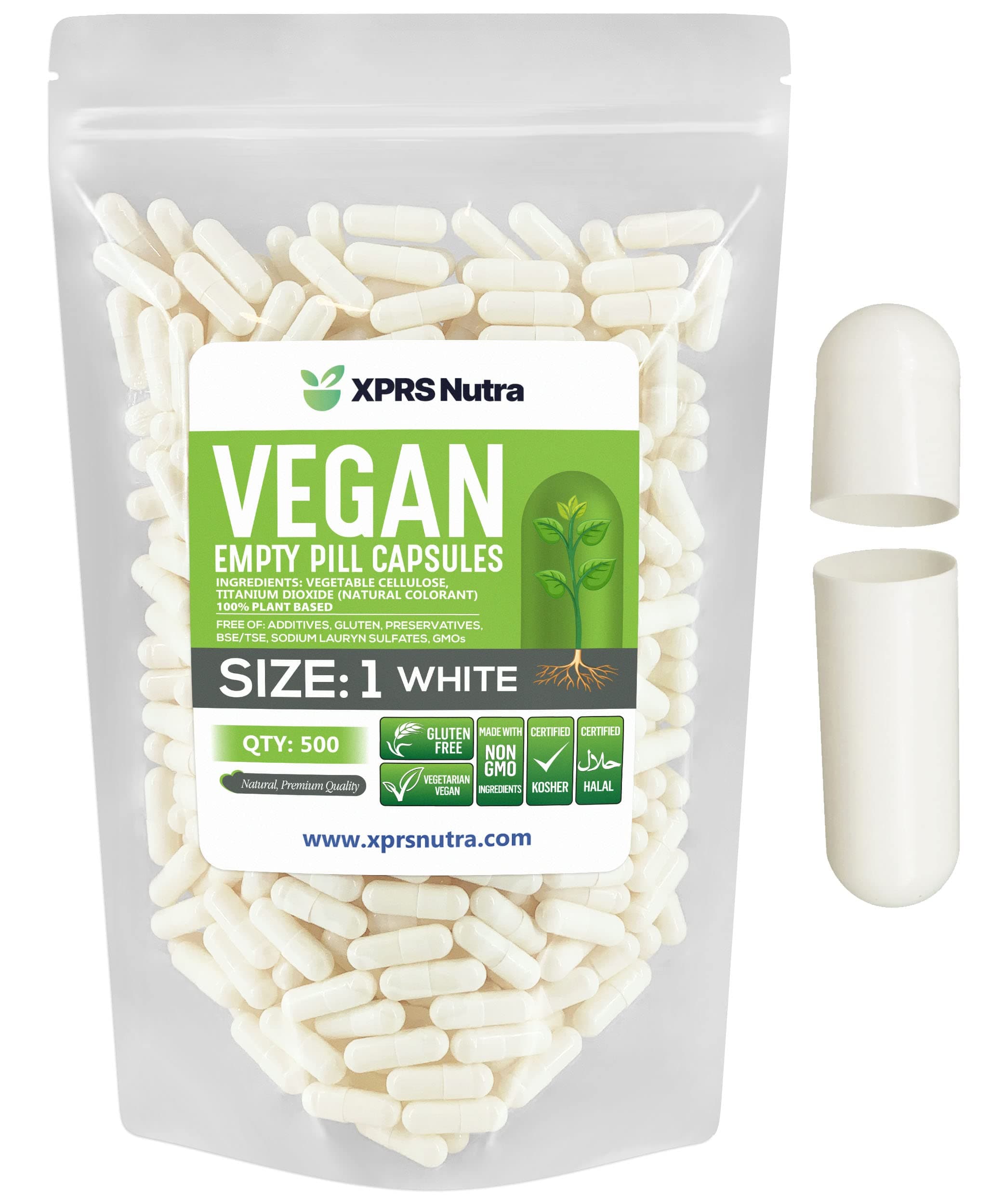 XPRS Nutra Capsules Express- Size 1 White Empty Vegan Capsules 500 Count - Kosher and Halal - Vegetarian/Vegetable Pill Capsule - DIY Powder Filling