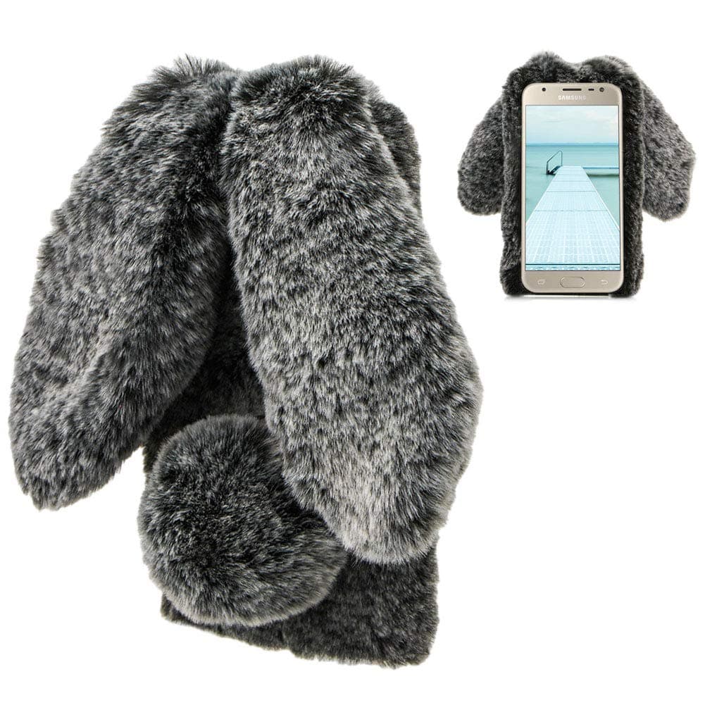 LCHDA Rabbit Case for Samsung Galaxy J3 2018, Cute 3D Bunny Ears Soft Furry Hairball Fuzzy Winter Warm Faux Fur Plush Fluffy Flexible TPU Bumper Protective Skin Cover for Women Girls - Black