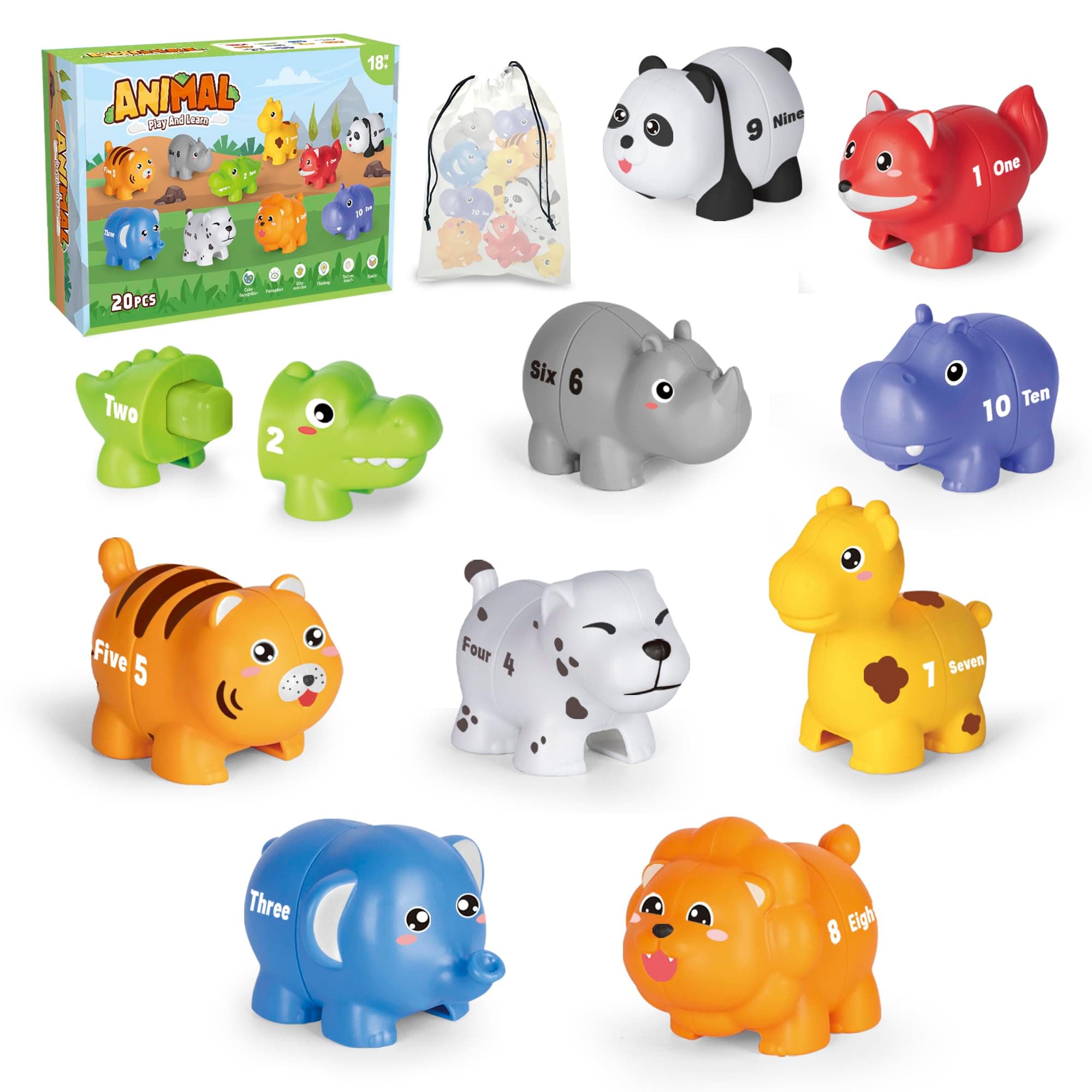 Jetbotell Learning Toys for 2 3 4 Year Old, 20 Pcs Number Matching Game with Digital English, 10 Different Animal Figures, Preschool Activities Montessori Fine Motor Toys for Toddlers Kids