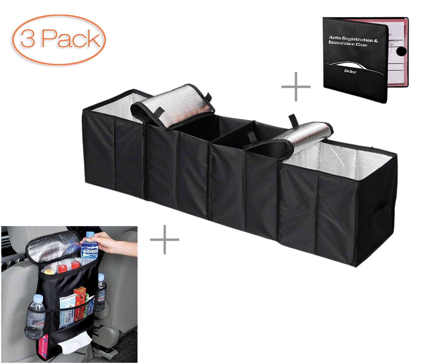Deler Foldable Trunk Organizer for Car, SUV, Minivan with 2 Cooler Insulation System and 1 Free Car Auto Insurance Registration Document Wallet Holders-Black (Trunk+Seat Organizer+Document Wallet)
