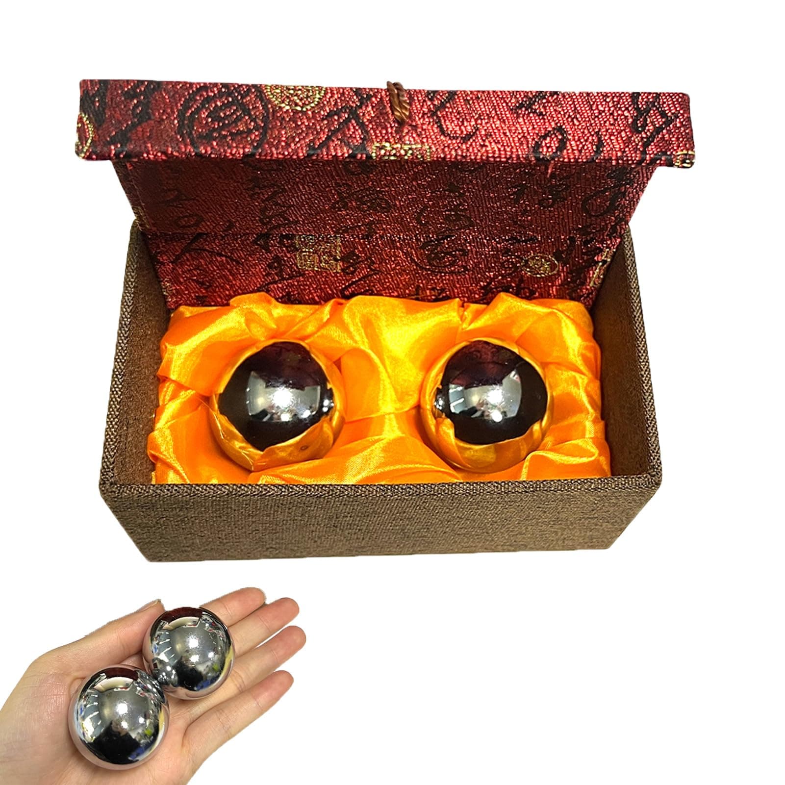 2pcs Baoding Balls Chinese Health Exercise Stress Balls with Box Meditation Massage Handball(Silver,Dia 1.49inch,red Classical Boxed)