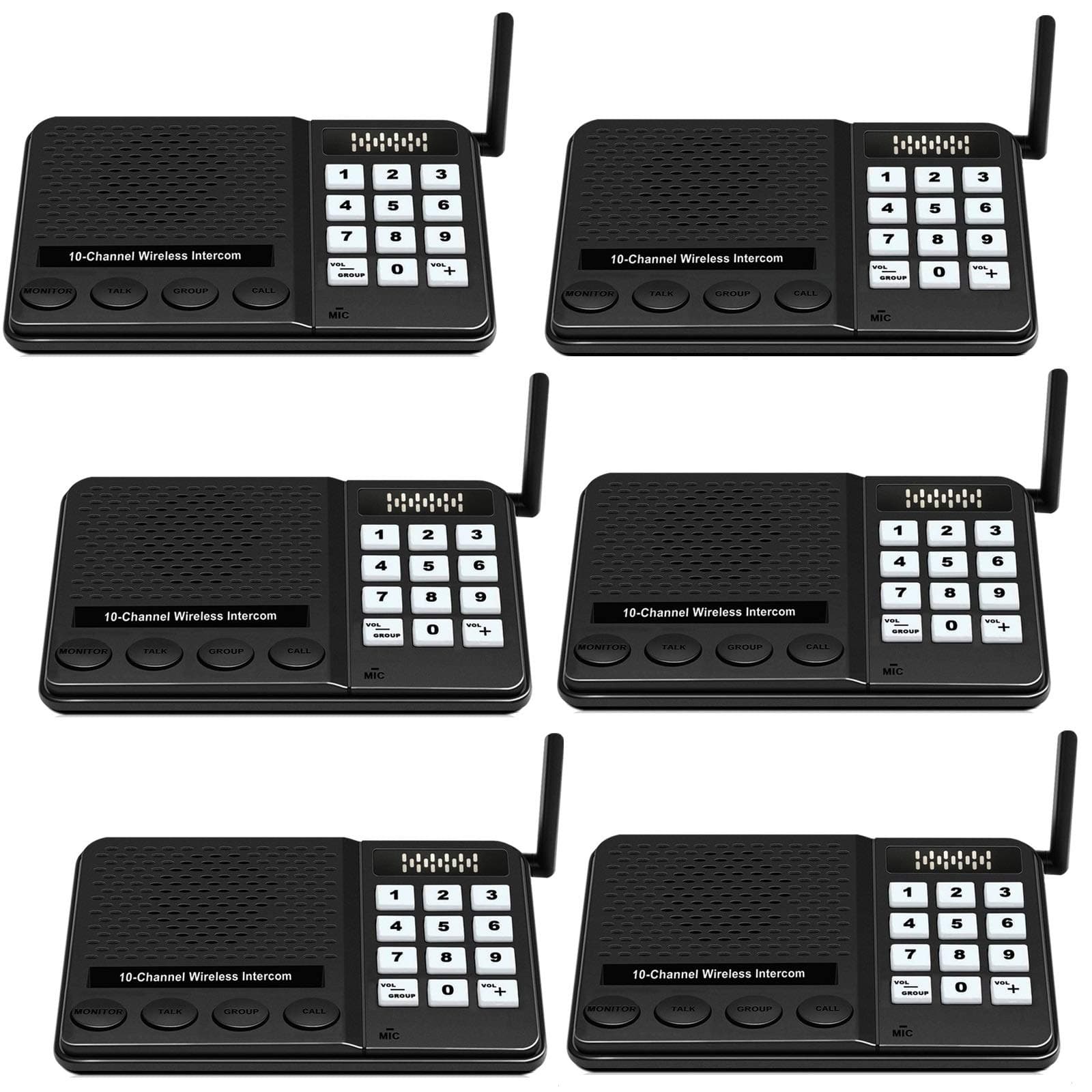 6 Pack Wireless Intercoms - Long Range 1 Mile, 10 Channel, 3 Code Room to Room Home Intercom System for Business, House, Office, Gate, Restaurant, Elderly