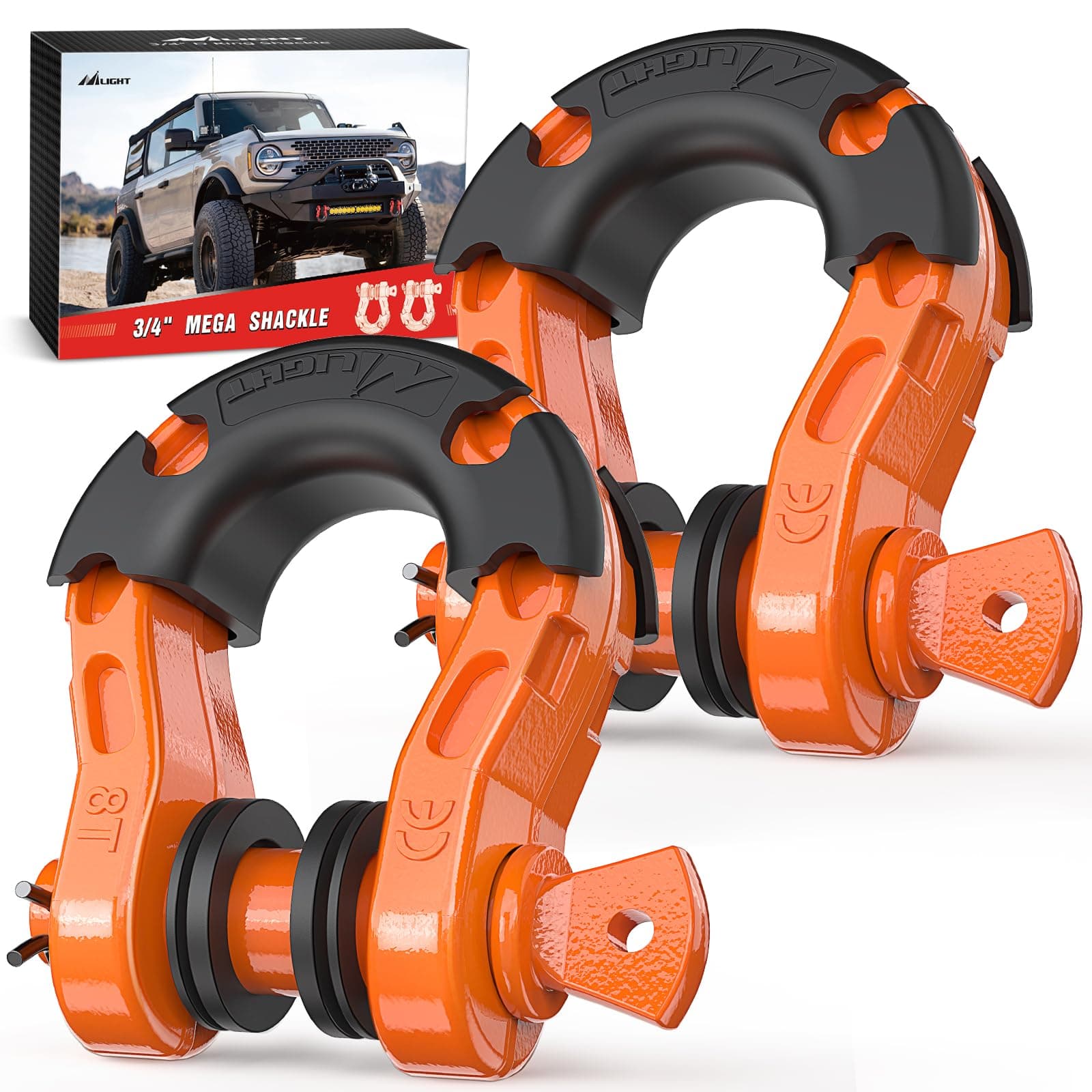 Nilight Heavy Duty Mega D-Ring Shackles(2 Pack) 68,000 lb Break Strength(17,000 lb WLL) w/ 7/8″ Screw Pin & Washers, Forged Steel Off-Road Recovery Shackles for Tow Strap & Winch Gear, Orange