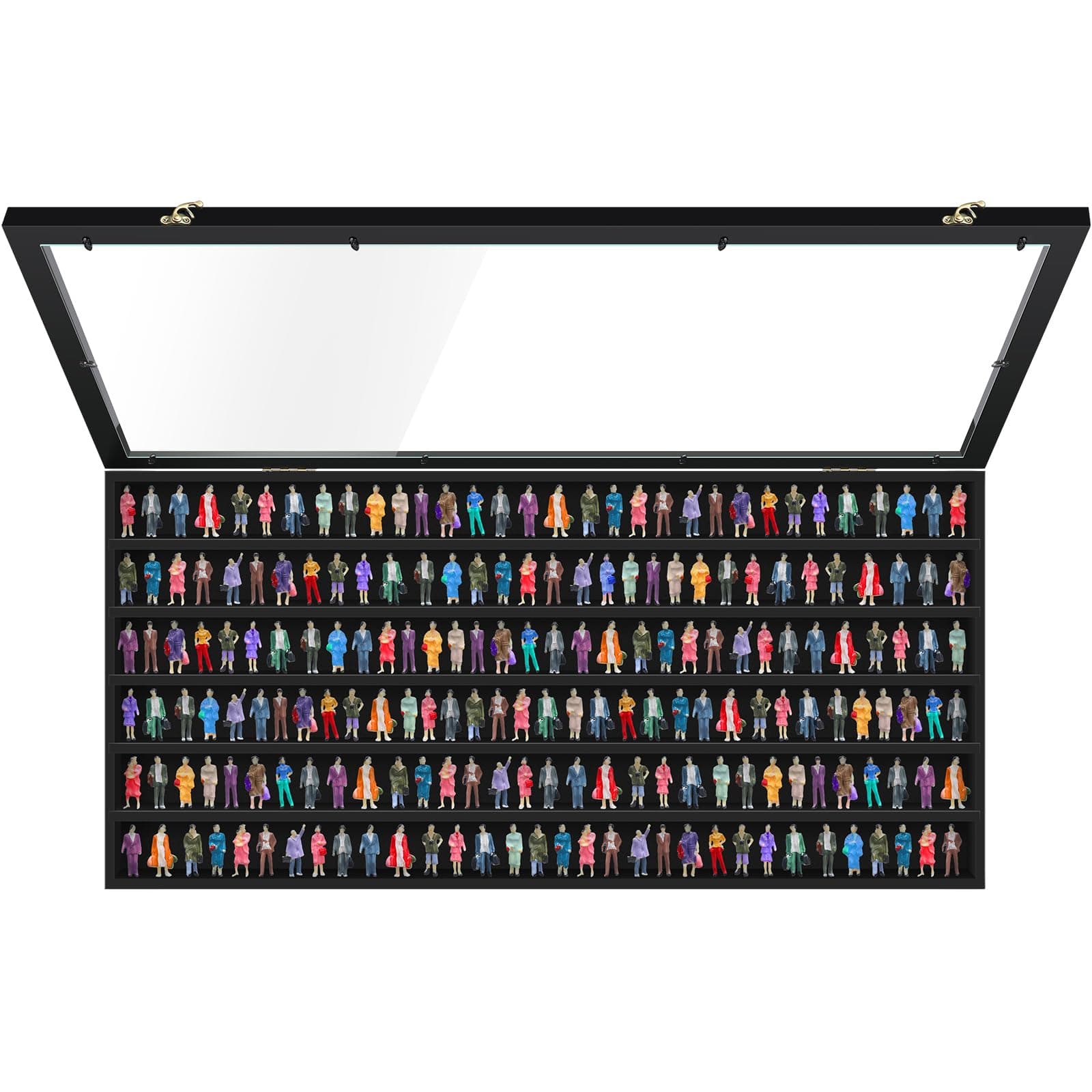 Suzile Minifigures Display Case Miniatures Solid Wood Storage Case Wall Mount Figure Display Collectible Showcase Lockable Minifigure Display Box for 200 Toys Small Miniature Collectibles Shelf