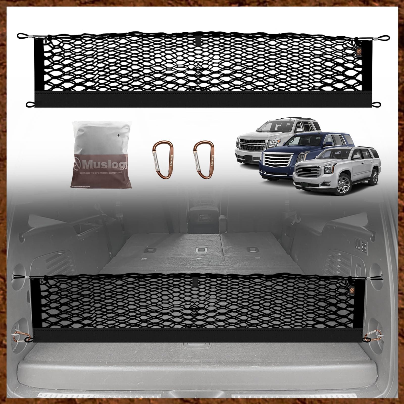 Muslogy Envelope Style Trunk Cargo Net Compatible with 2015-2020 Chevy Tahoe, GMC Yukon, Cadillac Escalade Accessories Upgraded Mesh Storage Luggage Net with Metal Hooks