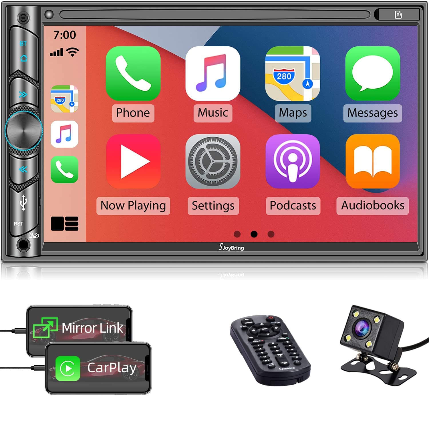 Double DIN CarPlay Multimedia Player, 7" HD Capacitive Touchscreen, Car Stereo with Backup Camera, Bluetooth, 16-Band EQ, Steering Wheel Controls, Mirror-Link, USB/SD Port, AM/FM Car Radio Receiver