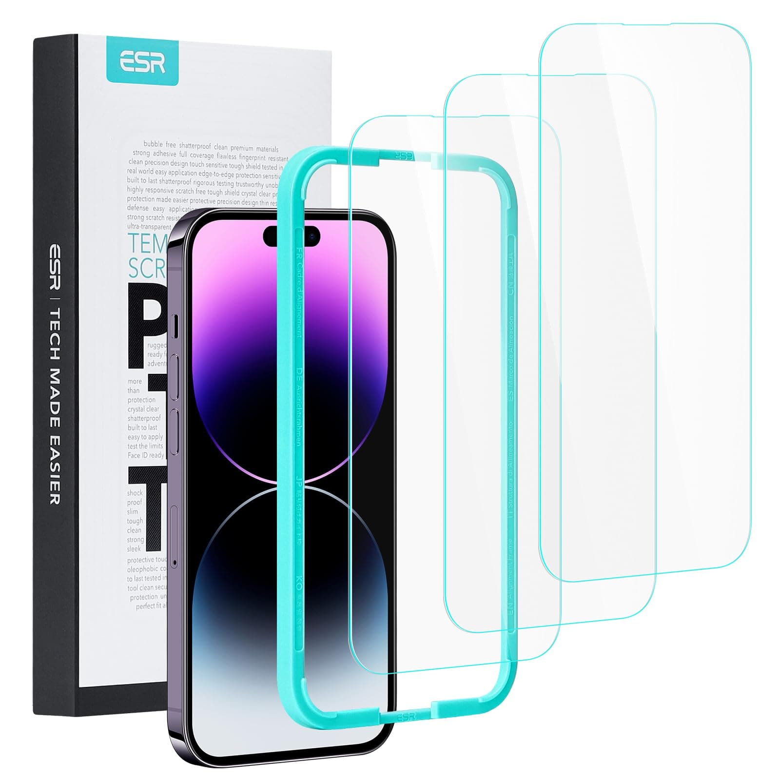 ESR for iPhone 14 Pro Screen Protector, Easy Installation Frame, Military-Grade Protection, Ultra Tough, Scratch Resistant, Tempered-Glass Screen Protector for iPhone 14 Pro, 3 Pack