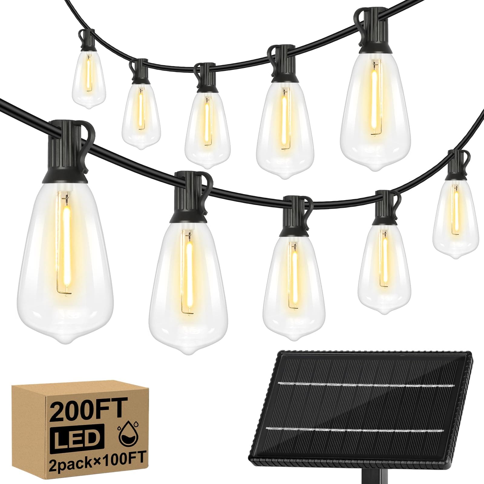 Brightever 200FT LED Solar String Lights Outdoor Waterproof, Solar Powered&USB Charging Patio Lights with 100+4 ST38 Shatterproof Edison Bulbs, 4 Lighting Modes Dimmable Solar Hanging Lights for Deck
