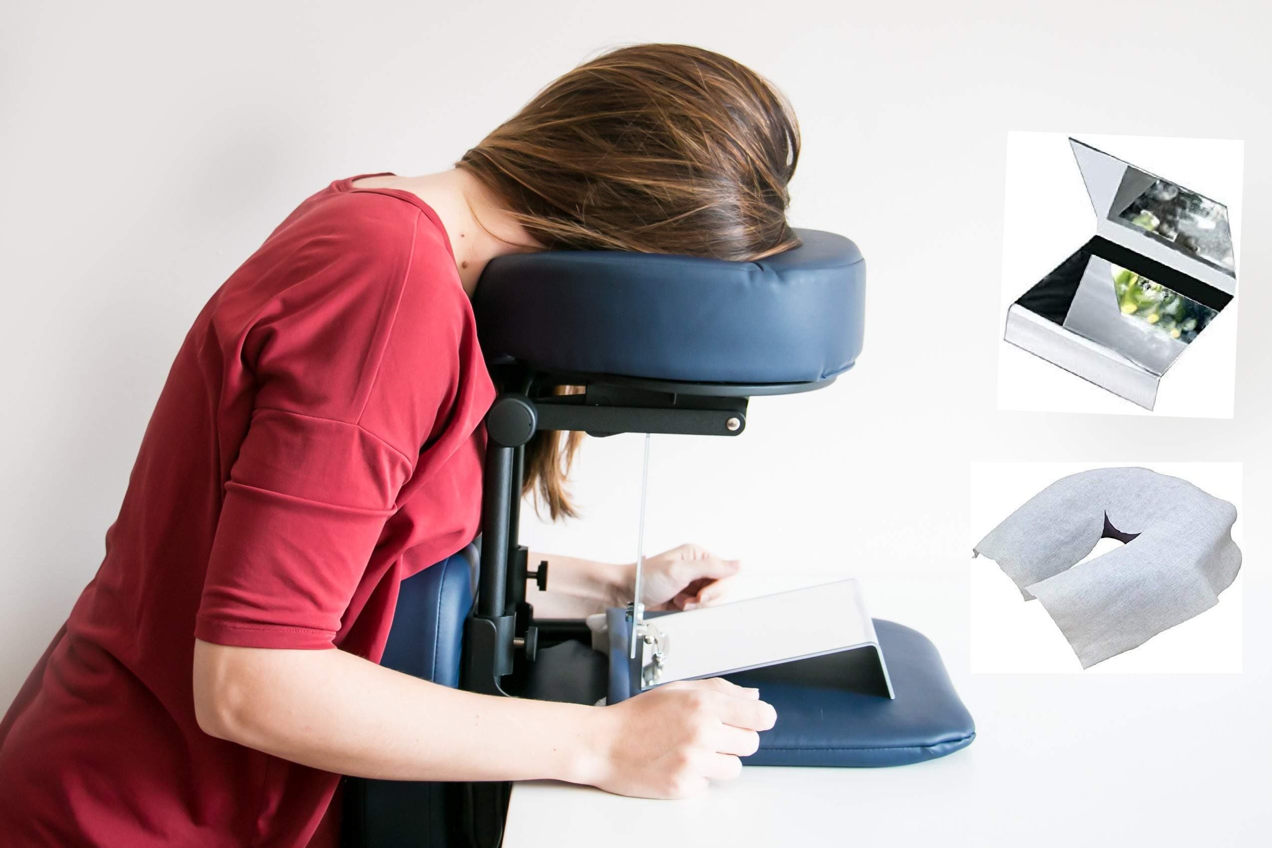 Complete Face Down Support System Package Post Vitrectomy, Macular Hole and Retinal Detachment Surgery Recovery Equipment + 2 Way Mirror to Watch TV+ Disposable Cover, Blue