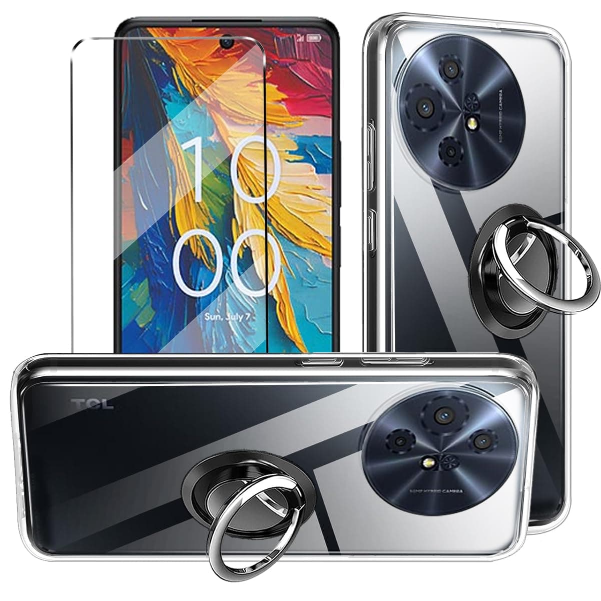 3-in-1 Case + Phone holder Ring Compatible with TCL 50 Pro NXTPAPER 5G Cover with 1 Pack Tempered Glass Screen Protector, Slim Fit Soft TPU Shockproof Anti-Scratch Phone Case - Clear