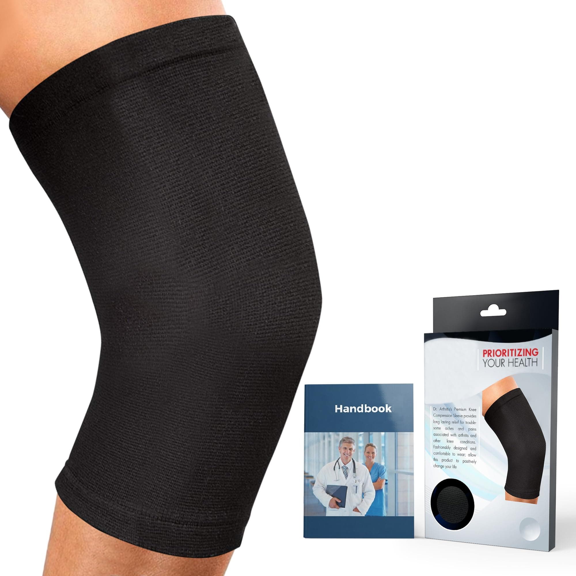 Dr. Arthritis Doctor Developed Knee Brace/Knee Support/Compression Sleeve & HANDBOOK - Relief for Joint Disease (Osteo/Rheumatoid), Tendonitis, Running & Weightlifting (Black, XL)