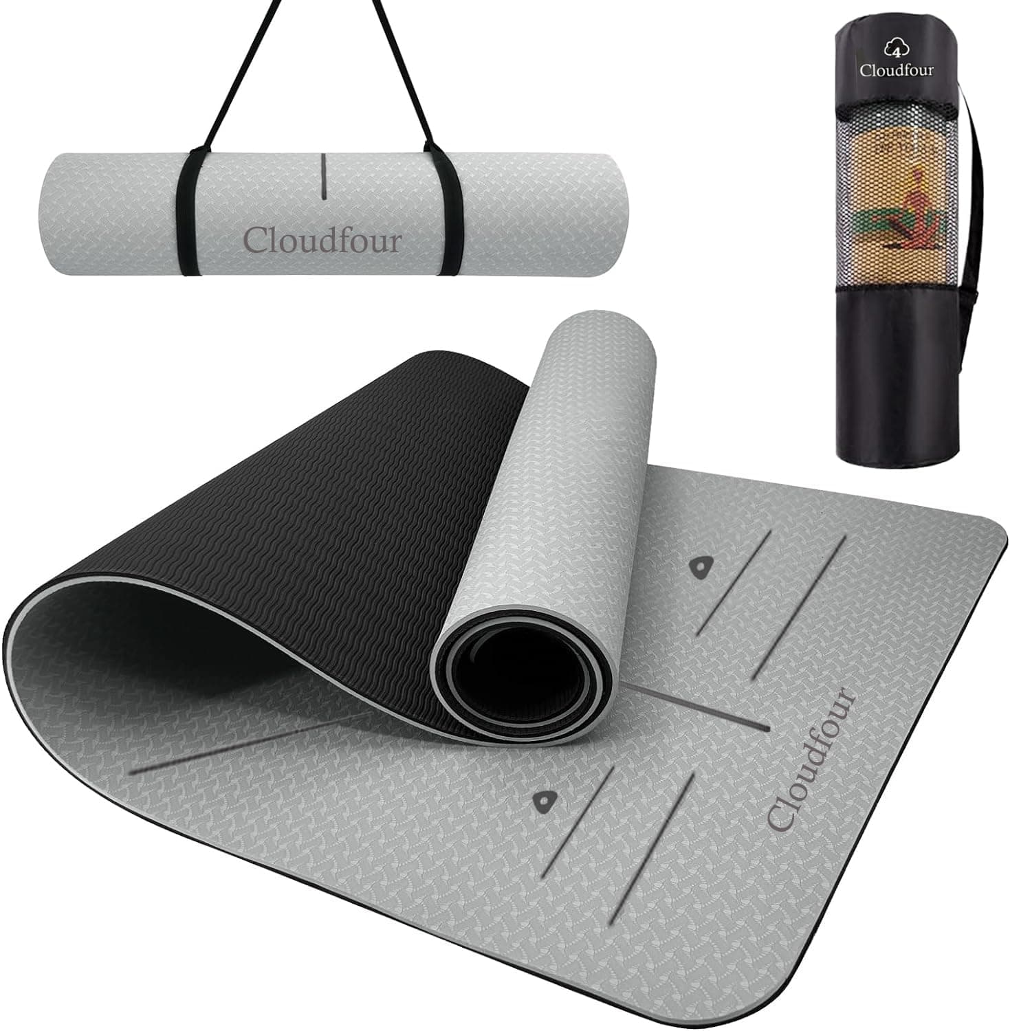 CLOUDFOUR Yoga Mat, Non-slip 6mm Workout Mat with Alignment Lines Perfect for Pilates, Meditation, Stretching, Fitness Training, Exercise Mat Carry Bag & Travel Strap Gym & Home