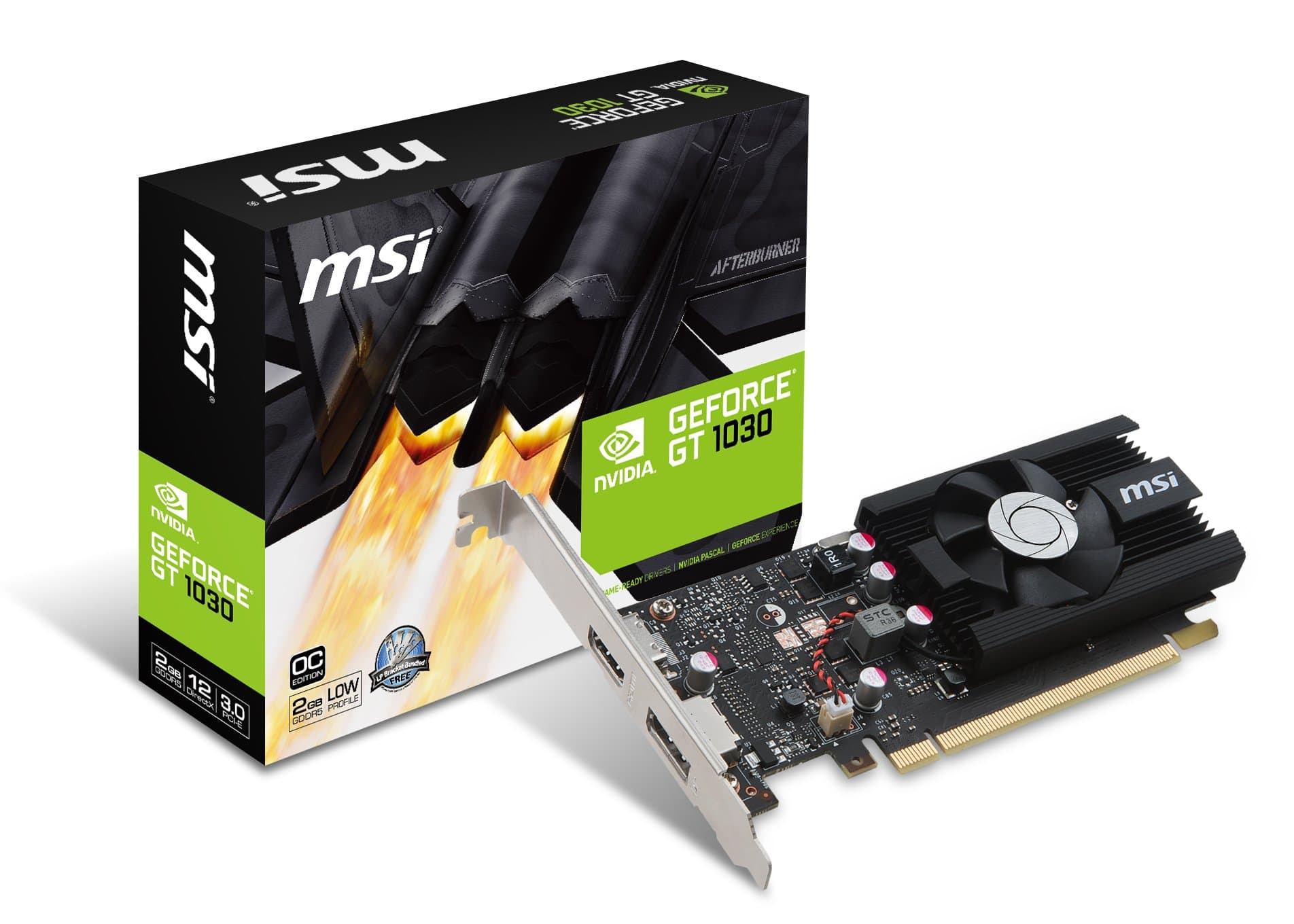 MSI GEFORCE GT 1030 2G LP OC Graphics Card '2 GB GDDR5, 1x DisplayPort, 1x HDMI, Boost Clock 1518MHz, Base Clock 1265MHz, Low Profile design, HTPC, Single Fan Cooling System, NVIDIA'
