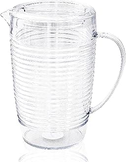 Clear Plastic Beverage Pitcher with Lid, 76 Ounce - Thick-Walled Modern Coil Design, Made in the USA - Fill with Ice Water, Iced Tea or Juice - BPA Free, Dishwasher Safe
