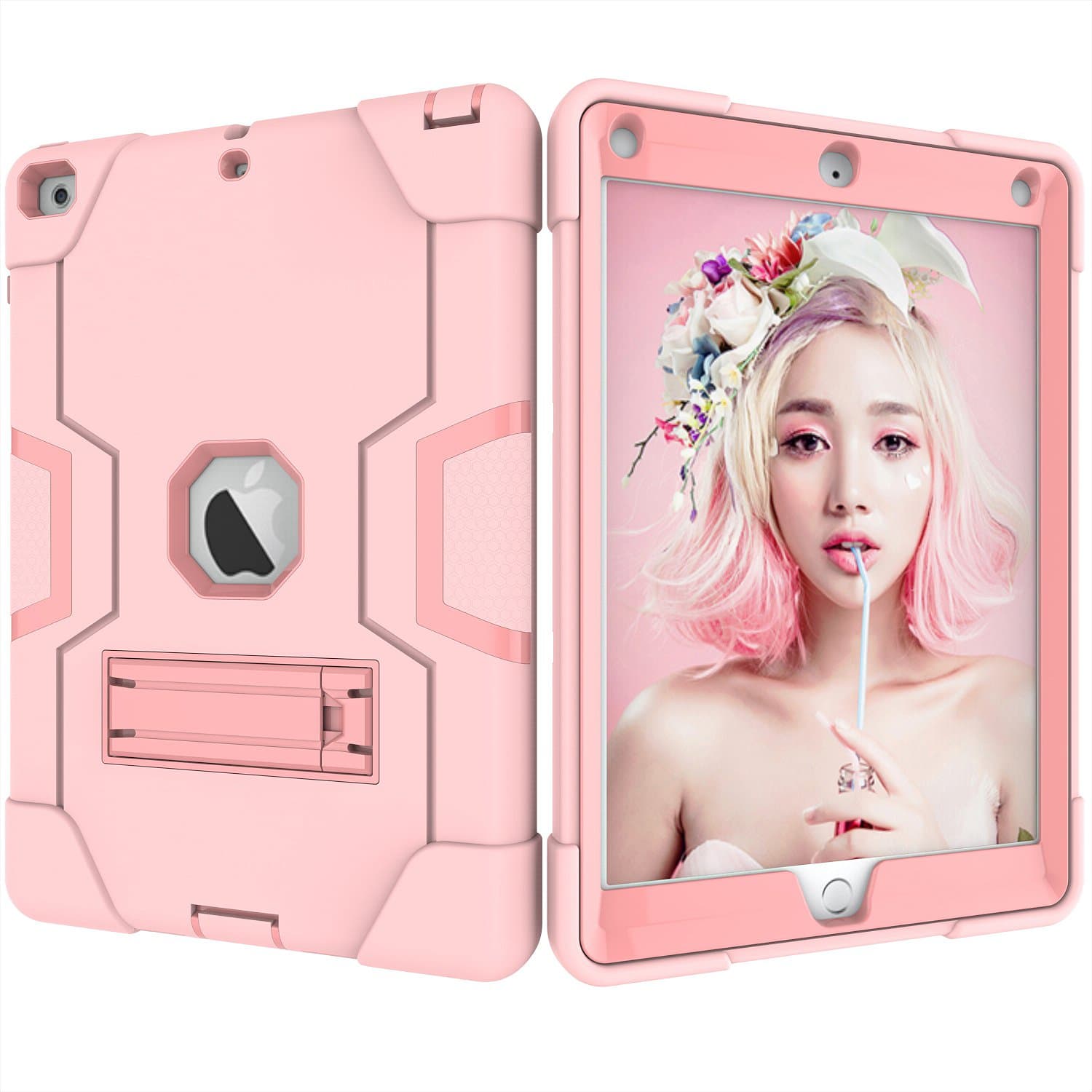 HBS Case for New iPad 9.7 2018/2017, Heavy Duty Kickstand with 3-in-1 Case Full-Body Shockproof Rugged Protective Case for Apple iPad 9.7 inch 5th/6th Gen(Model:A1822,A1823,A1893,A1954)-Rose Gold