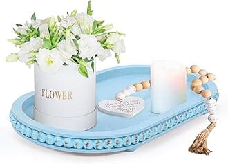 HPC Decor 15in Oval Light Blue Wood Beaded Tray for Home, Decorative Serving Tray, Rustic Farmhouse Wooden Trays for Vintage Centerpiece, Kitchen Counter, Living Room, Coffee Table