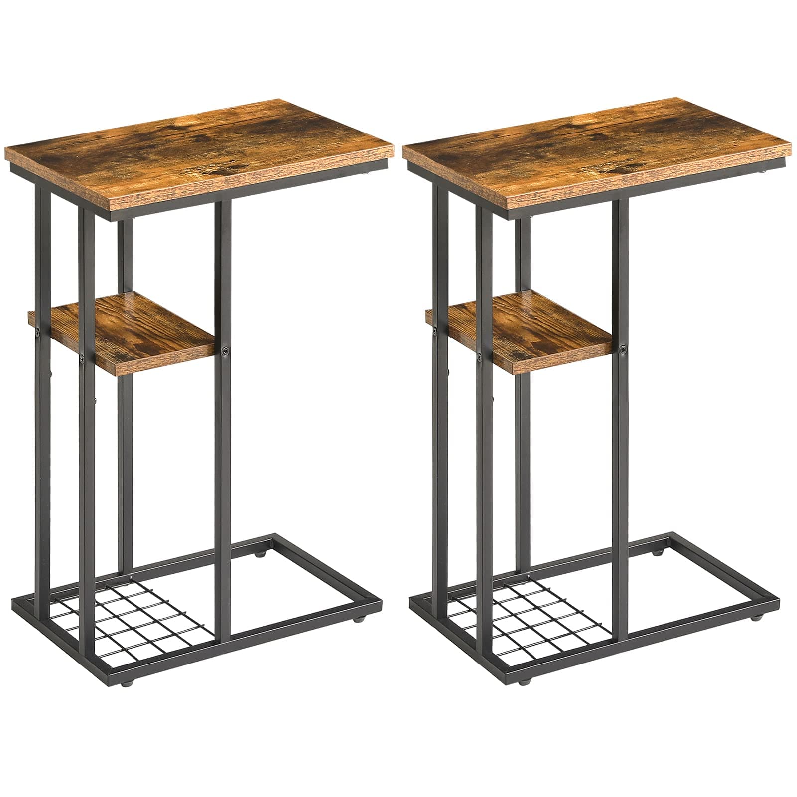C-Shaped End Table Set of 2, Side Table for Sofa and Bed, Coffee Table for Small Spaces, Living Room, Bedroom, Industrial Small Table with Storage Shelf and Metal Frame, Rustic Brown, HST004H-2