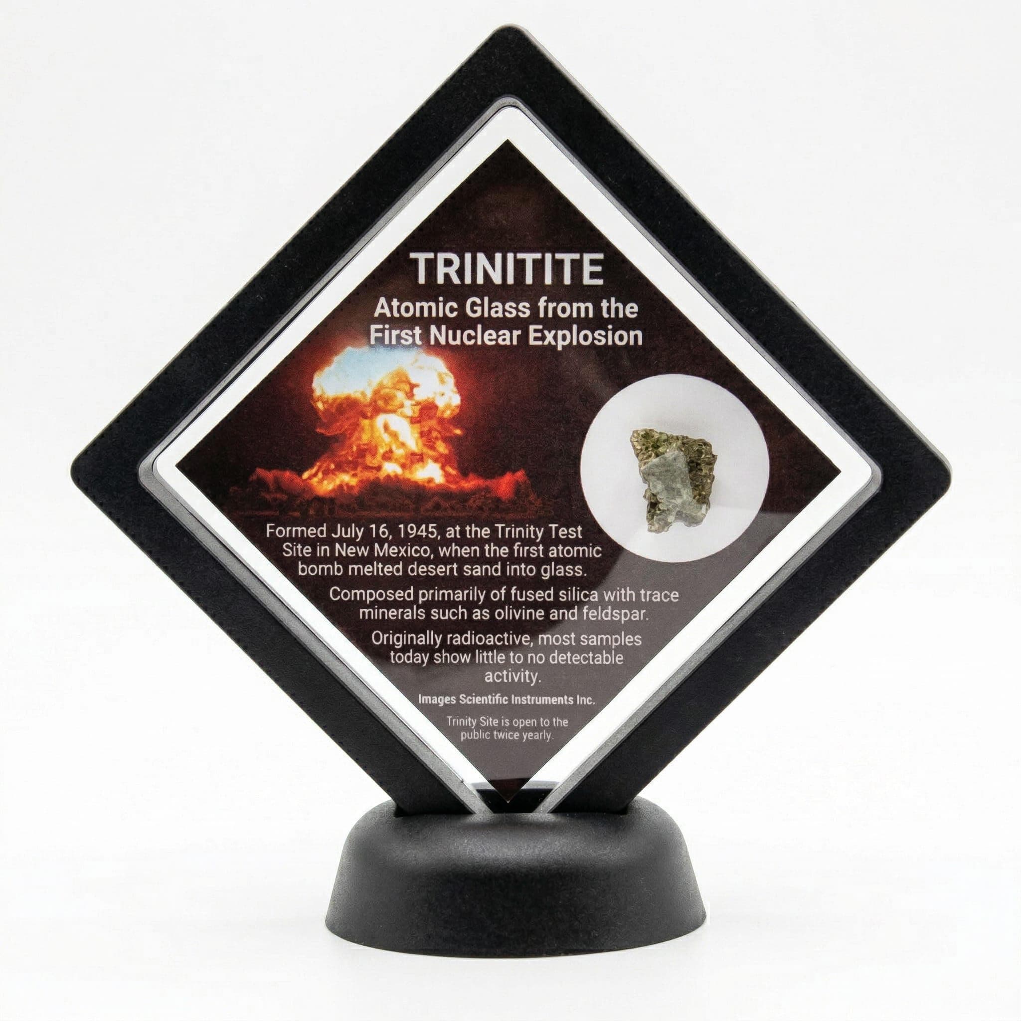Trinitite Specimen in Display Frame with Stand – Trinity Nuclear Test Glass (1945) – Certificate of Authenticity Included – 3.5" Collector Display, Atomic Glass Sample