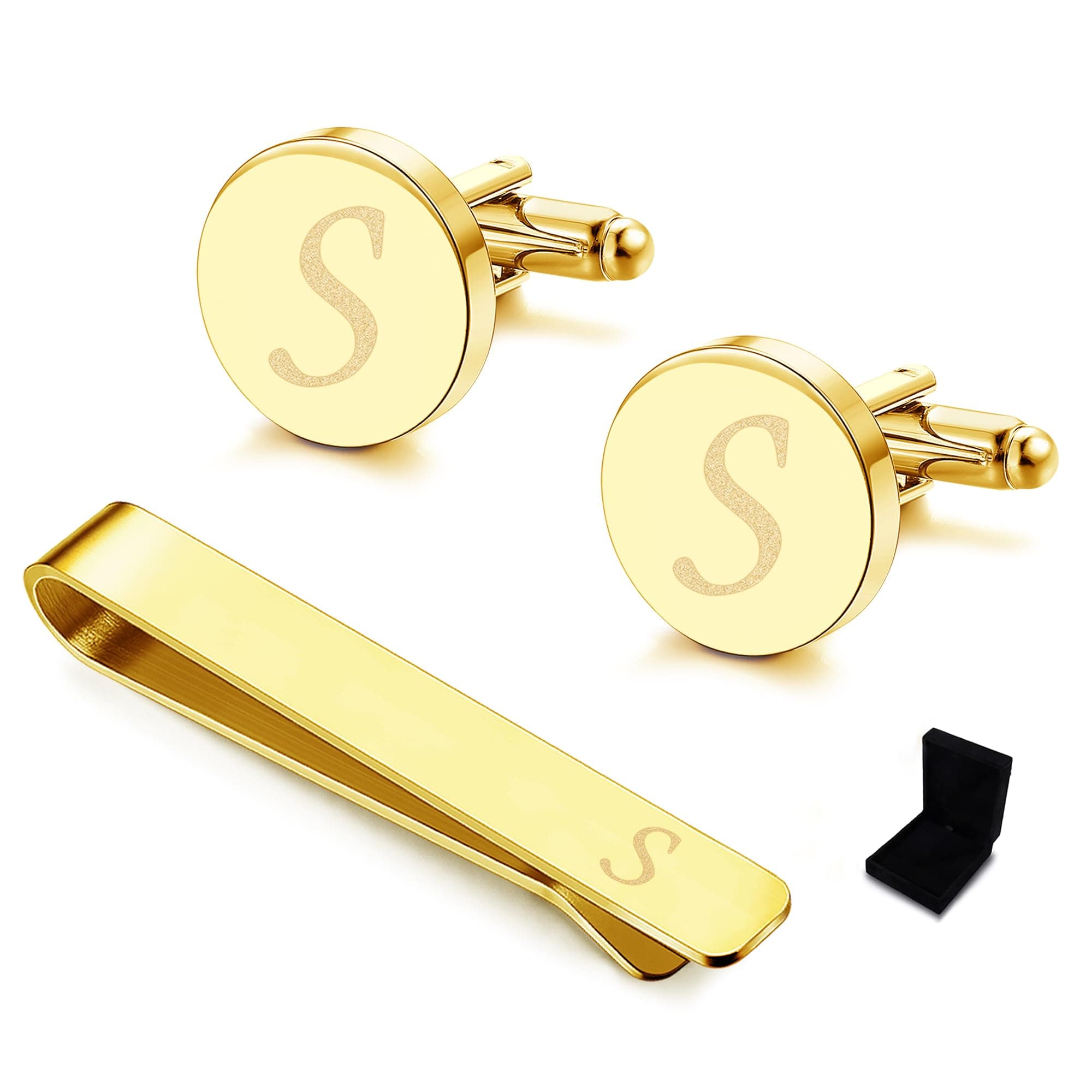 FloridecoCufflinks for Men Gold Initial Cufflinks Personalized Cuff Links and Tie Bar Letter Alphabet A-Z Gift with Box for Business Wedding Groom Father Day