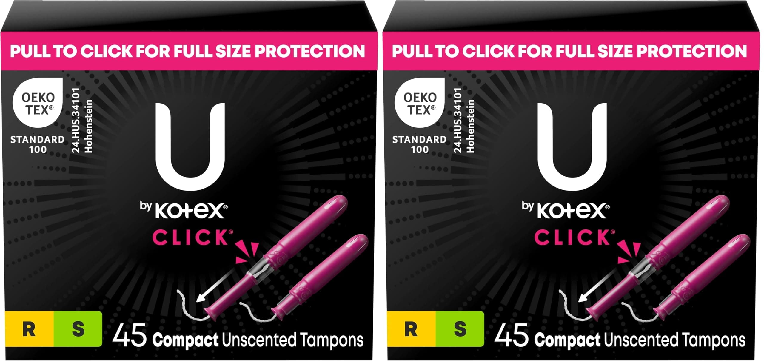 U by Kotex Click Compact Multipack Tampons, Regular/Super Absorbency, Unscented, 45 Count (Pack of 2)