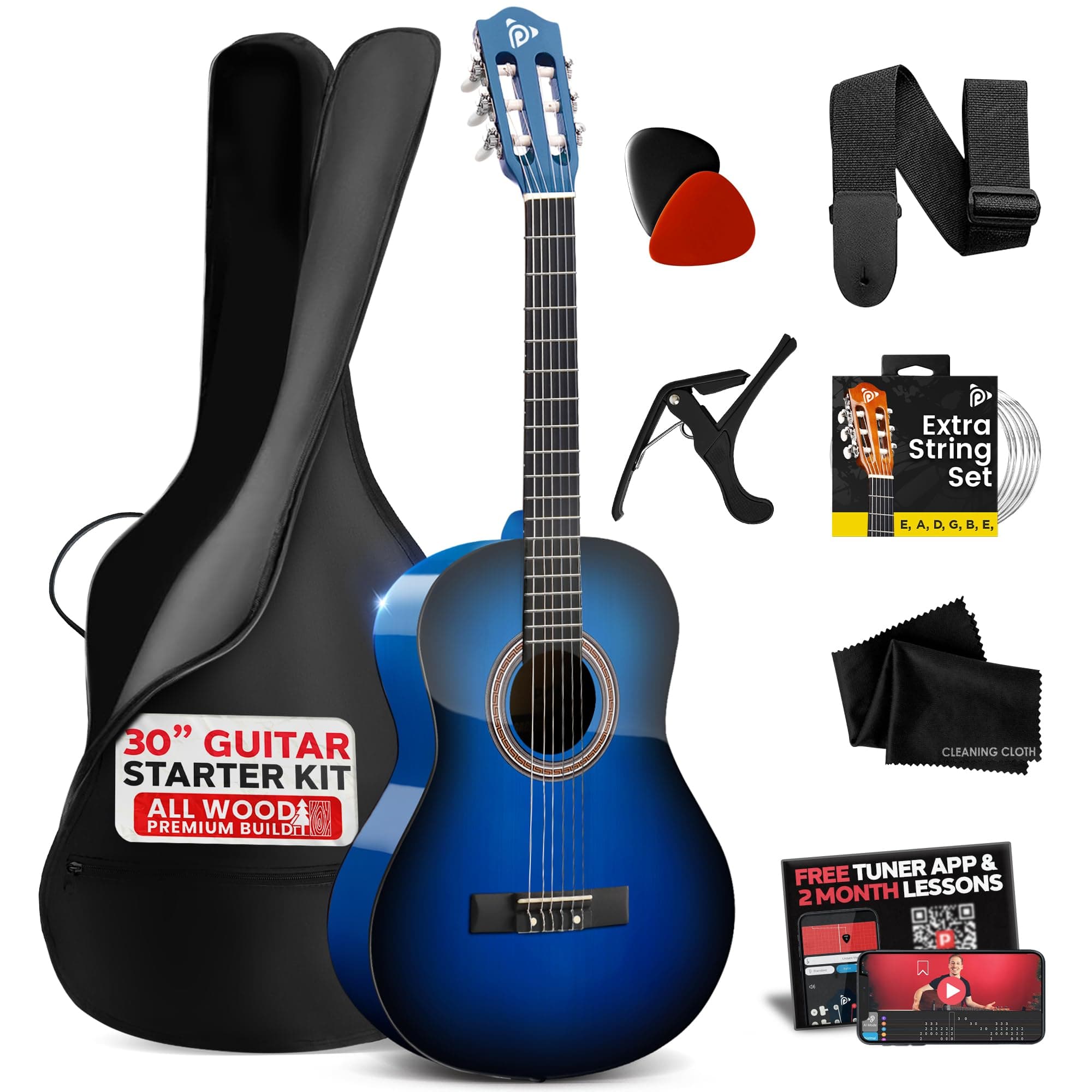 Pyle Beginner Acoustic Guitar Kit, 1/4 Junior Size All Wood Build Nylon Stringed Instrument with Capo, Strap, Extra String Set, Gig Bag, Guitars for Beginners Adults Youth, 30" Blue Burst Gloss