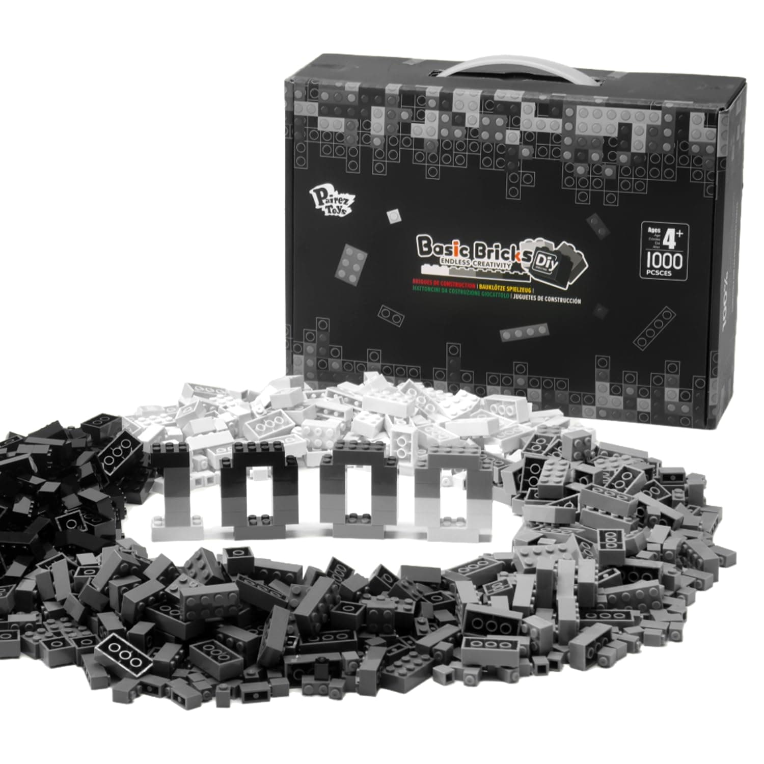 1000 Piece Blocks for Building, Classic Bulk 2x4 Basics Bricks Building Set, Compatible with All Major Brands, STEM Building Toys for Kids Ages 4 5 6 7 8 (Black & Gray & White)