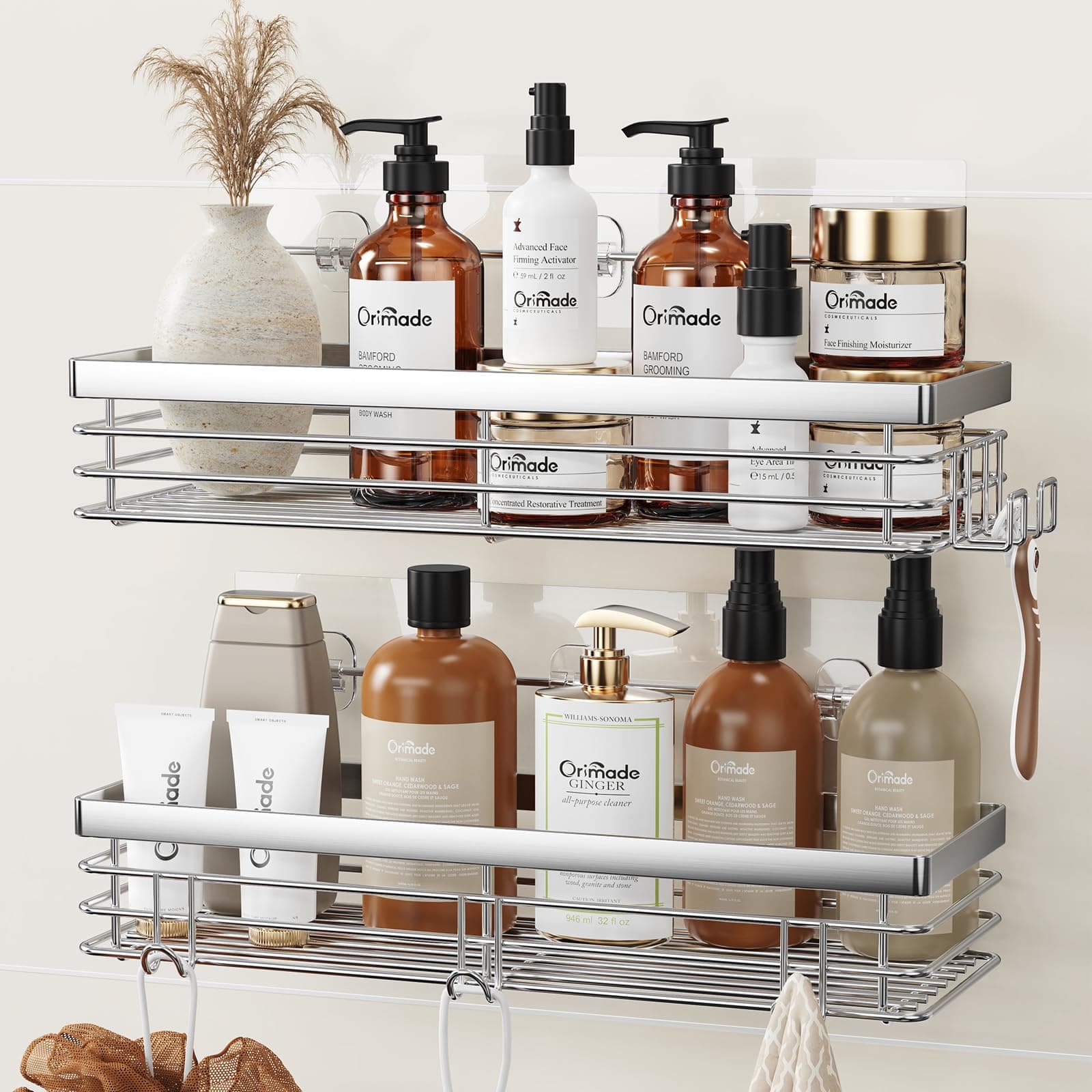 Shower Caddy with 5 Hooks Organizer for Hanging Razor and Sponge Bathroom Basket Adhesive Shower Shelf Storage Kitchen Rack Wall Mounted No Drilling Rustproof Stainless Steel - 2 Pack