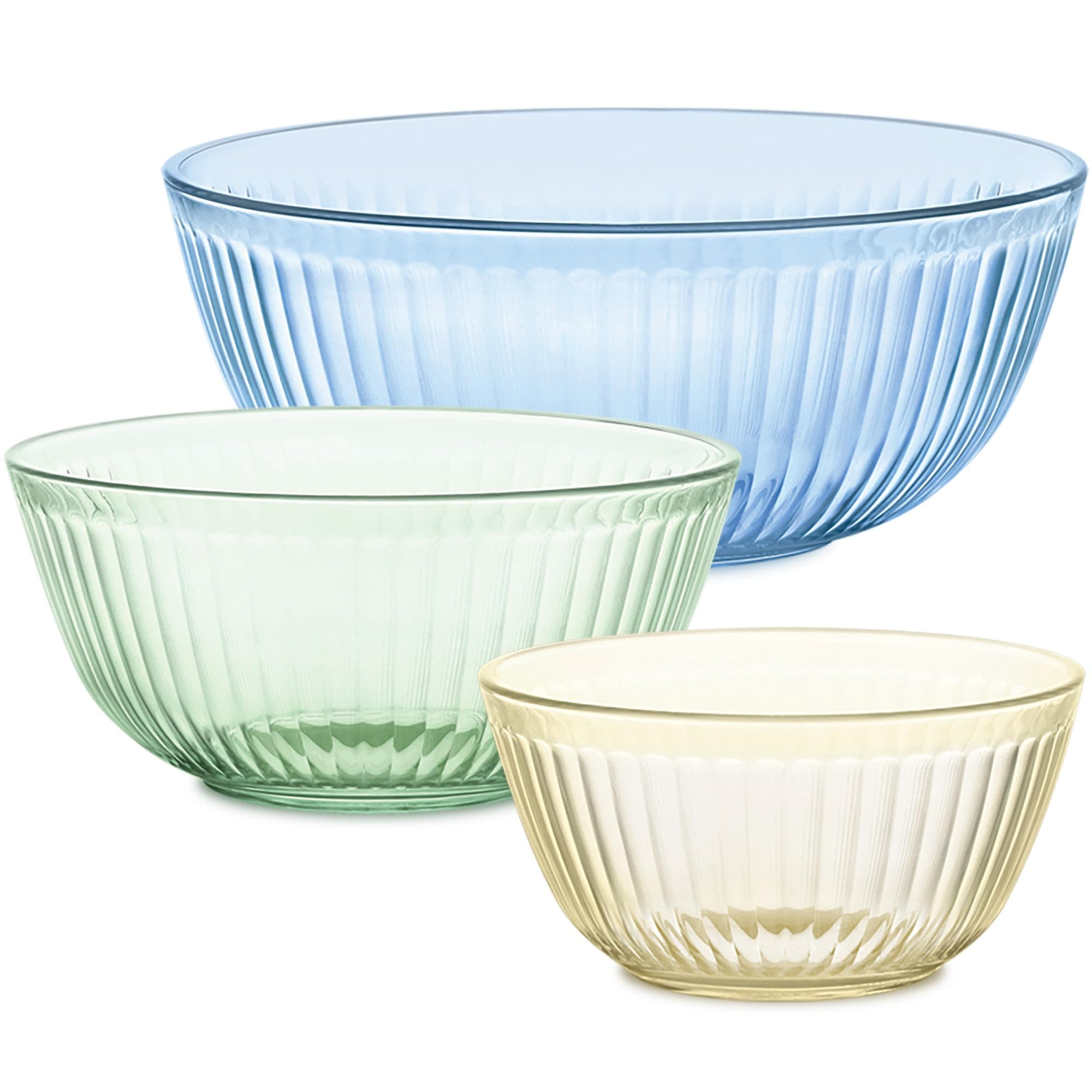 Colors Tinted 3-PC, Unlidded Small/Medium/Large Glass Mixing Bowls, Nesting Space Saving Set of Bowls For Prepping and Baking, 1.3QT, 2.3QT & 4.5QT