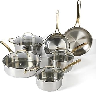Castelle 10 Piece Heavy Duty 18/8 Stainless Steel Pots and Pans Set for Induction and Nontoxic Cookware, Gold Handles, Dishwasher Safe