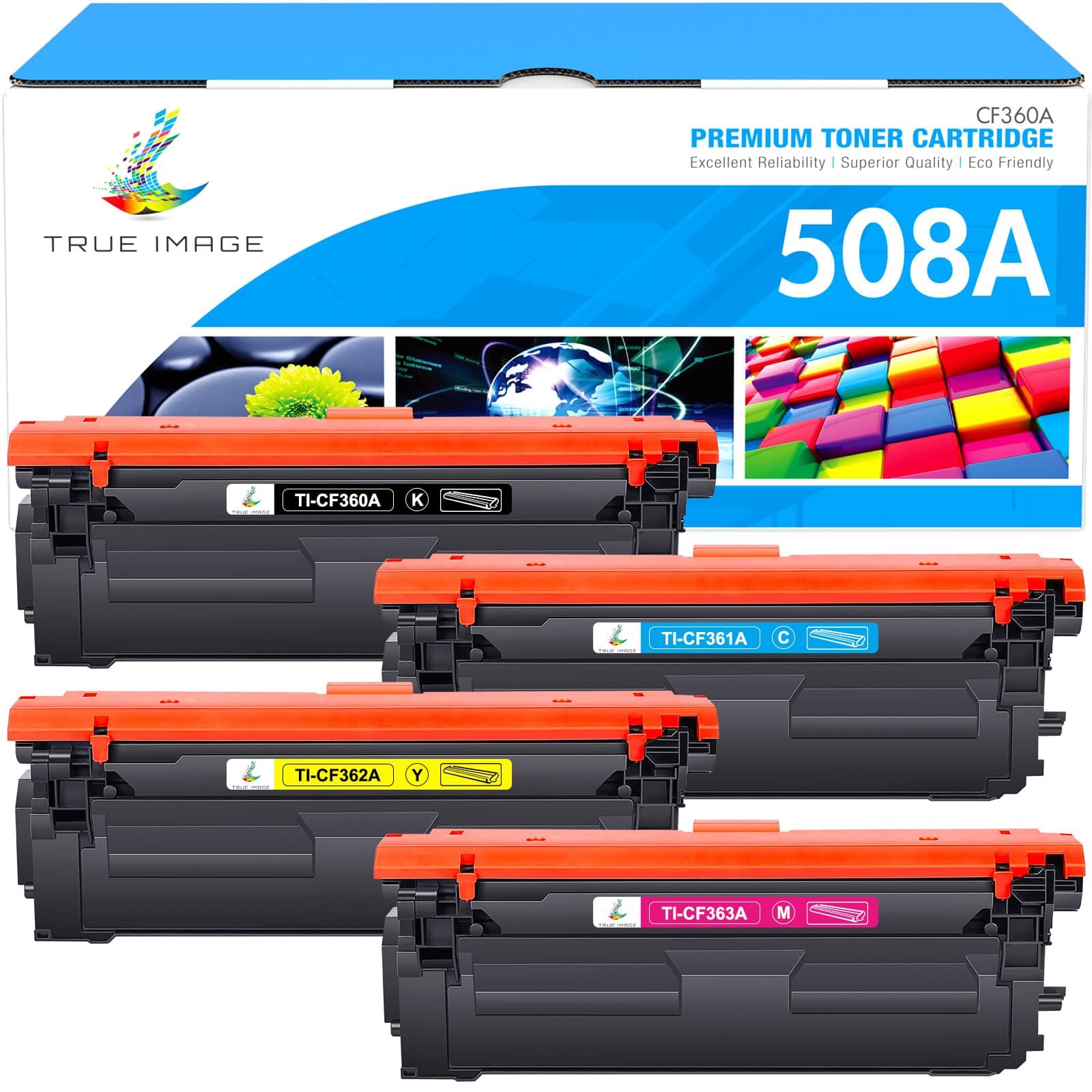 – TRUE IMAGE Compatible Toner Cartridge Replacement for HP CF360A CF361A CF362A CF363A 508A Color Enterprise M553 M553n M553dn MFP M577 M553 m577f m577dn Printer Ink (Black Cyan Yellow Magenta, 4-Pack)