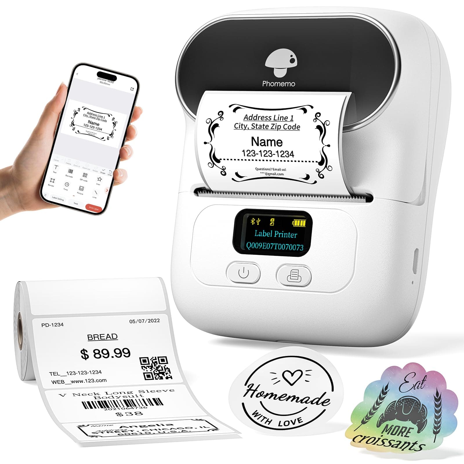 Label Printer M110 Upgraded Label Maker Bluetooth No Ink Portable for Small Business, Address, Office, Home for Phone; for PC/Mac(USB), with 100 Labels, White