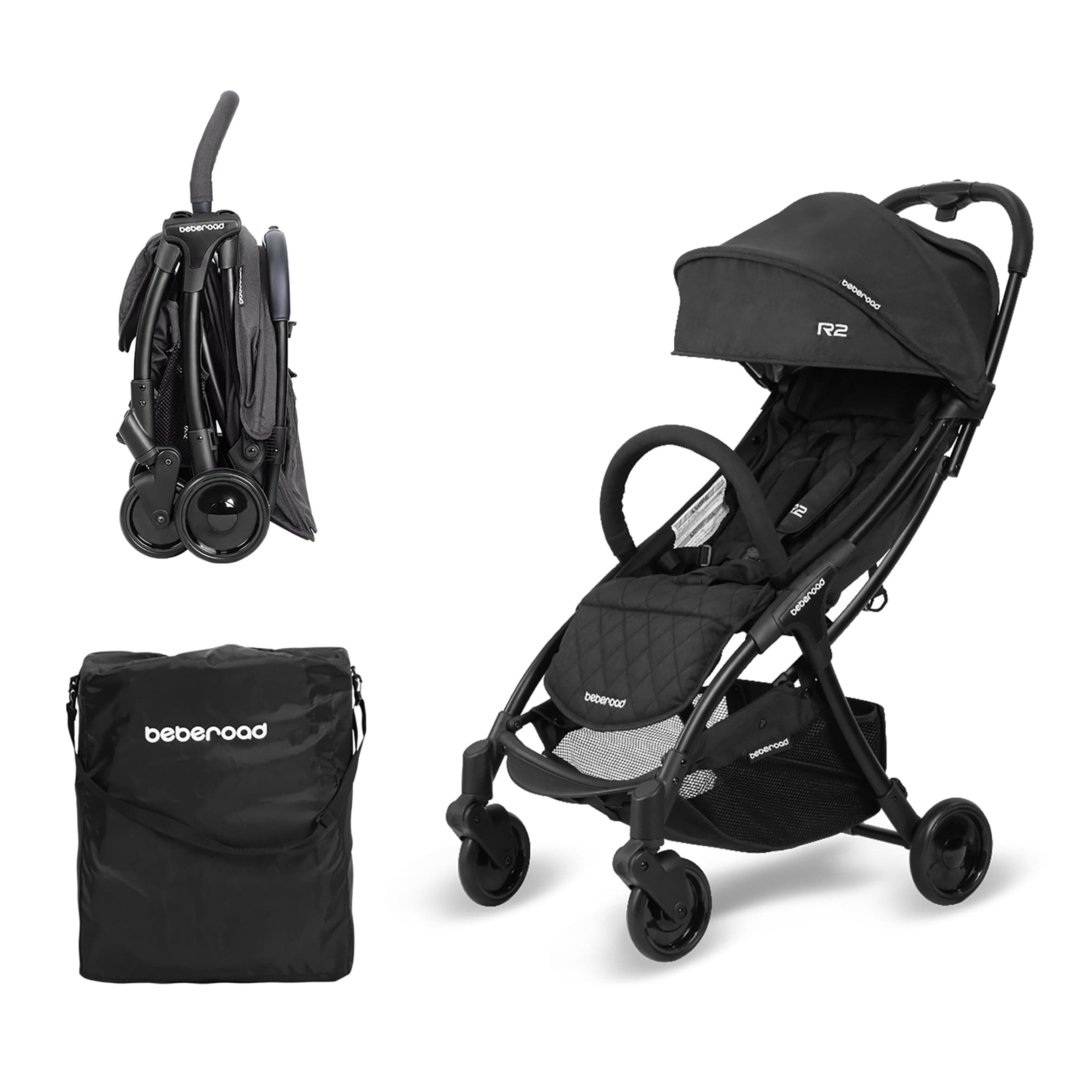 Beberoad Lightweight Baby Stroller for Airplane R2 Small Travel Stroller Compact Strollers Foldable, Infant Toddler Stroller with Adjustable Backrest, Cup Holder and Waterproof Canopy, Black