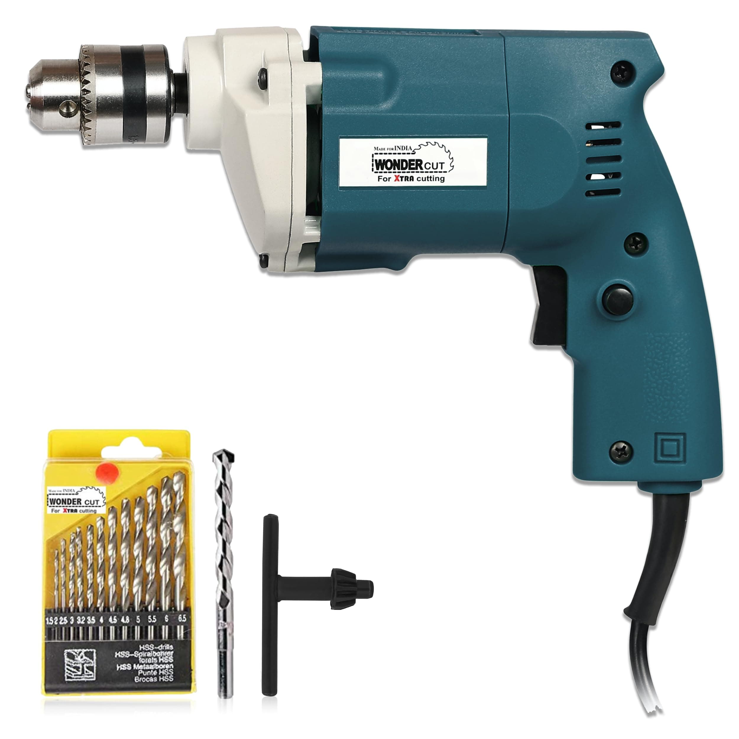 WONDERCUT Wc-Ed-10-B-Cmb Drill Machine 10Mm With Free 13Pcs Hss Drill Bits & 1Pc Masonary Bit Combo, Blue