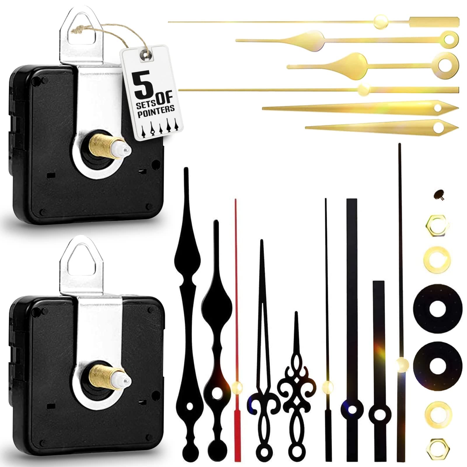 2Pcs Quartz Clock Mechanism Kit, Wall Clock Mechanisms Mattery Powered Replacement, Clock Movement Parts Motor Replacement DIY Repair Parts with 5 Set Hands- No Battery