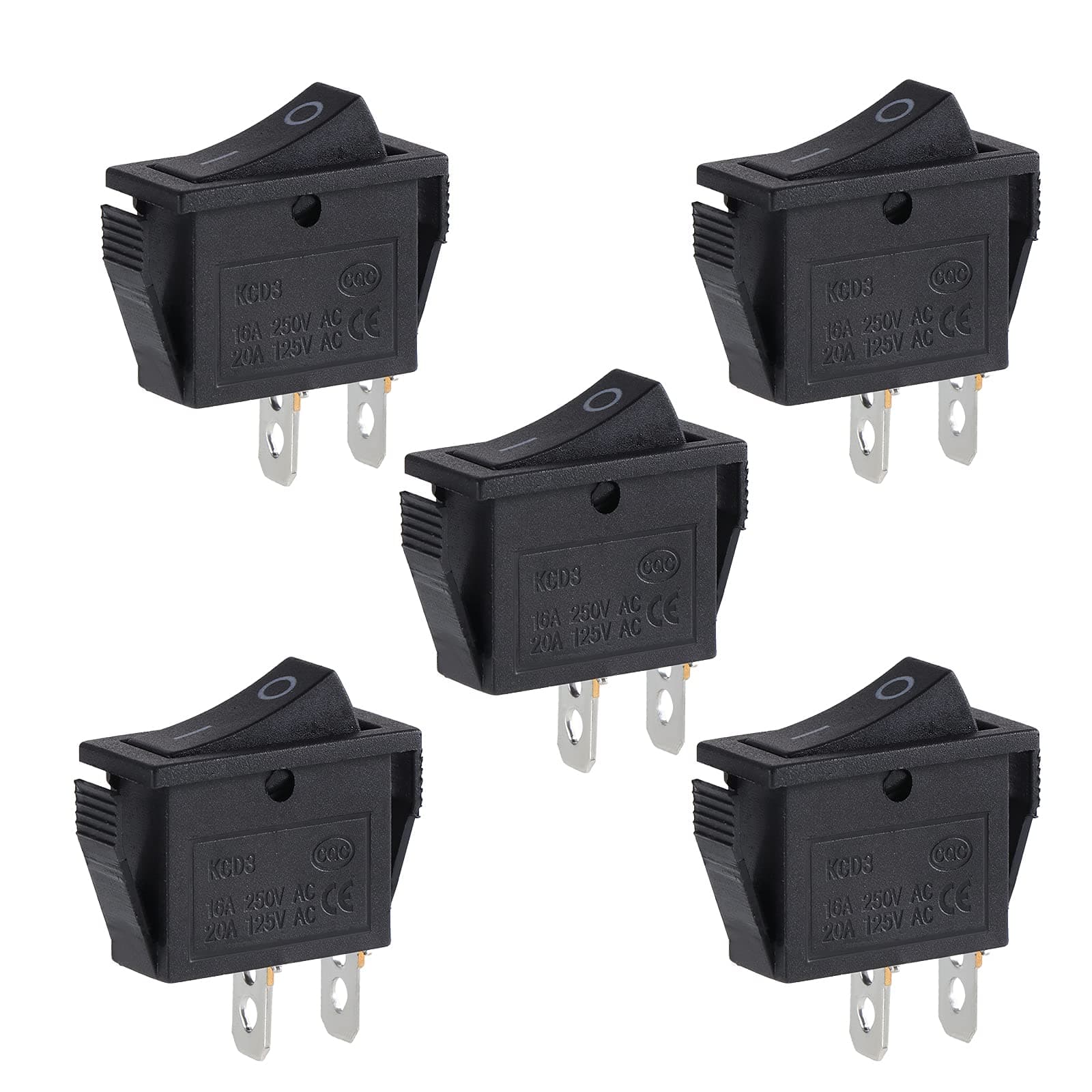 ON-OFF 2 Position SPST 2 Pin Snap in Rocker Switch 16A/250V 20A/125V AC Black 6 Pack
