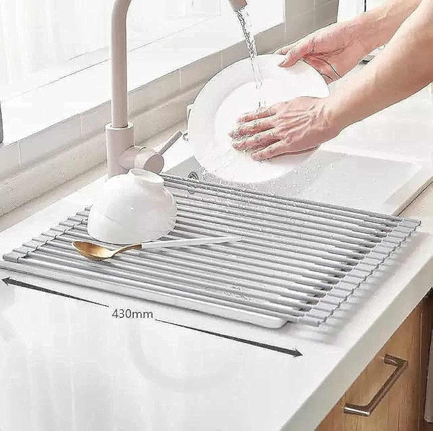 Stainless Steel Silicon Coated Rust-proof Foldable Over Sink Dish Drying Rack (43 x 33cm, Grey)